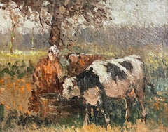 MAURICE MAZEILIE FRENCH IMPRESSIONIST OIL - MILKMAID WITH CATTLE IN FIELD