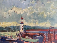 Vintage MAURICE MAZEILIE - FRENCH IMPRESSIONIST SIGNED OIL - BRITTANY HARBOUR LIGHTHOUSE