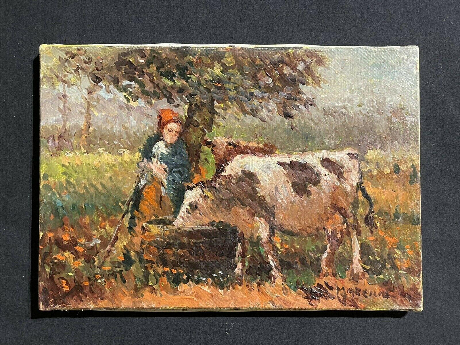 MAURICE MAZEILIE FRENCH IMPRESSIONIST SIGNED OIL - CATTLE WATERING UNDER TREE - Painting by Maurice Mazeilie