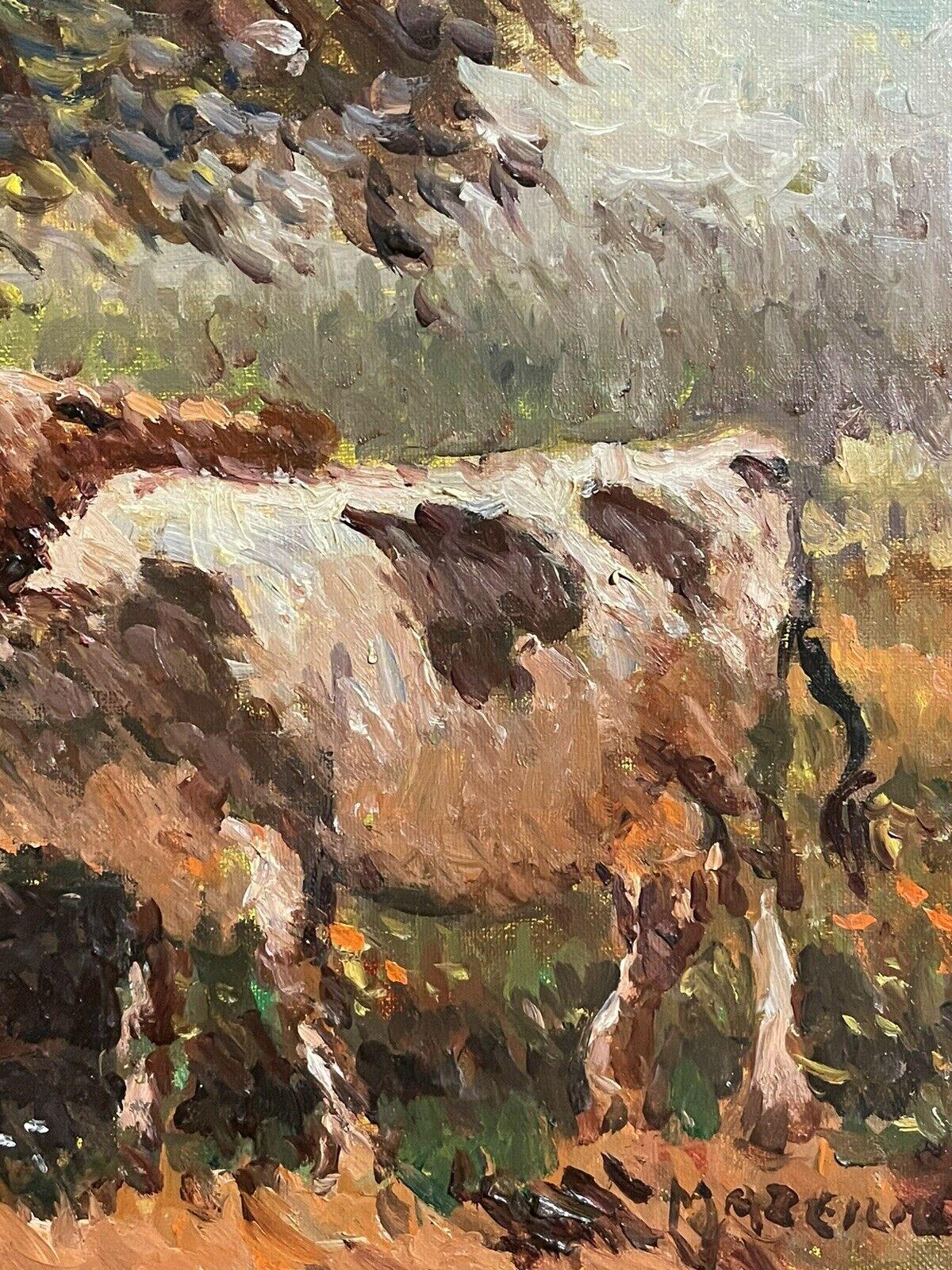MAURICE MAZEILIE FRENCH IMPRESSIONIST SIGNED OIL - CATTLE WATERING UNDER TREE - Brown Landscape Painting by Maurice Mazeilie