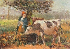 MAURICE MAZEILIE FRENCH IMPRESSIONIST SIGNED OIL - CATTLE WATERING UNDER TREE