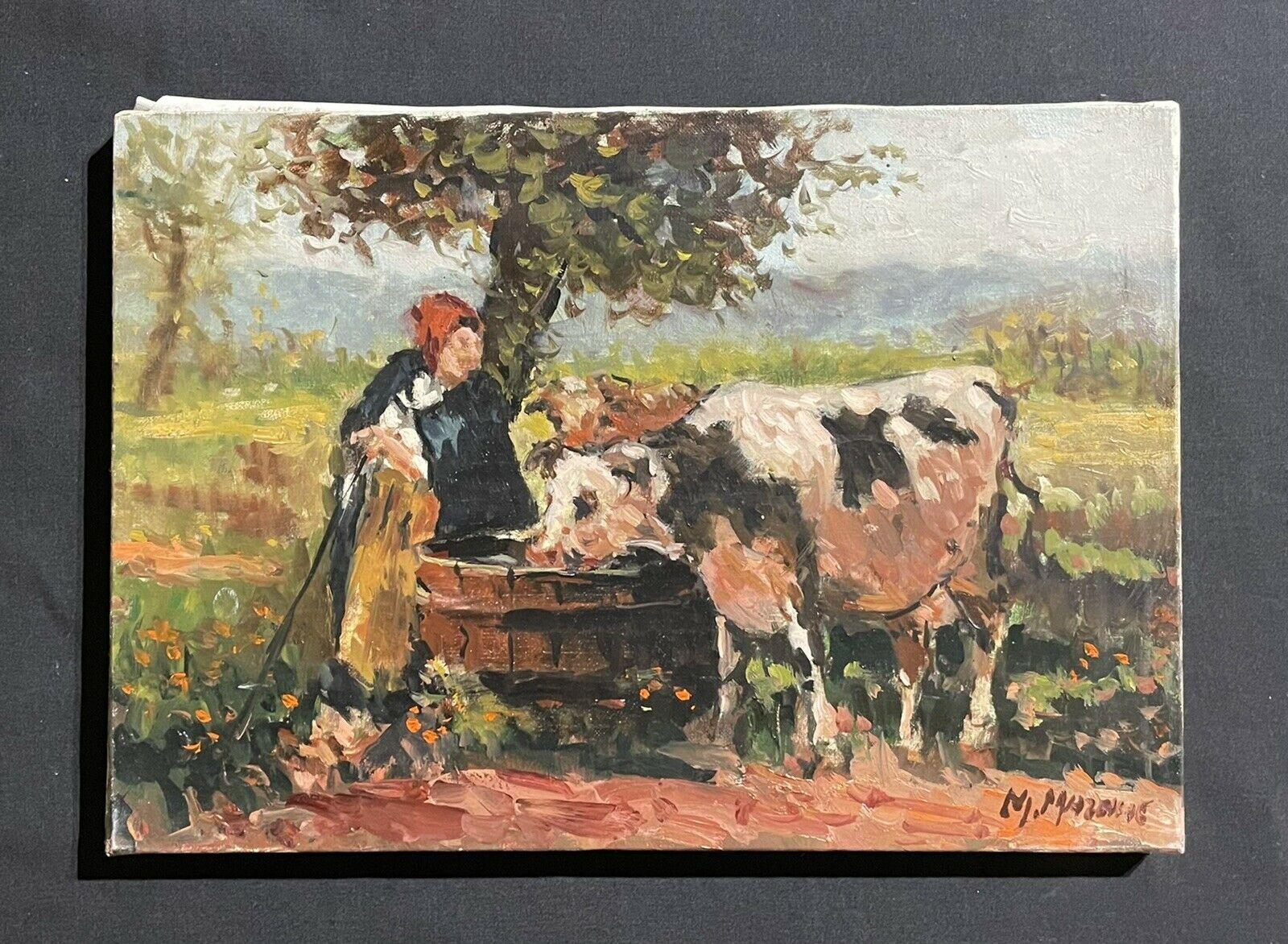 MAURICE MAZEILIE FRENCH IMPRESSIONIST SIGNED OIL DAIRY MAID WITH CATTLE DRINKING - Painting by Maurice Mazeilie