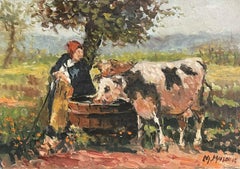 Vintage MAURICE MAZEILIE FRENCH IMPRESSIONIST SIGNED OIL DAIRY MAID WITH CATTLE DRINKING