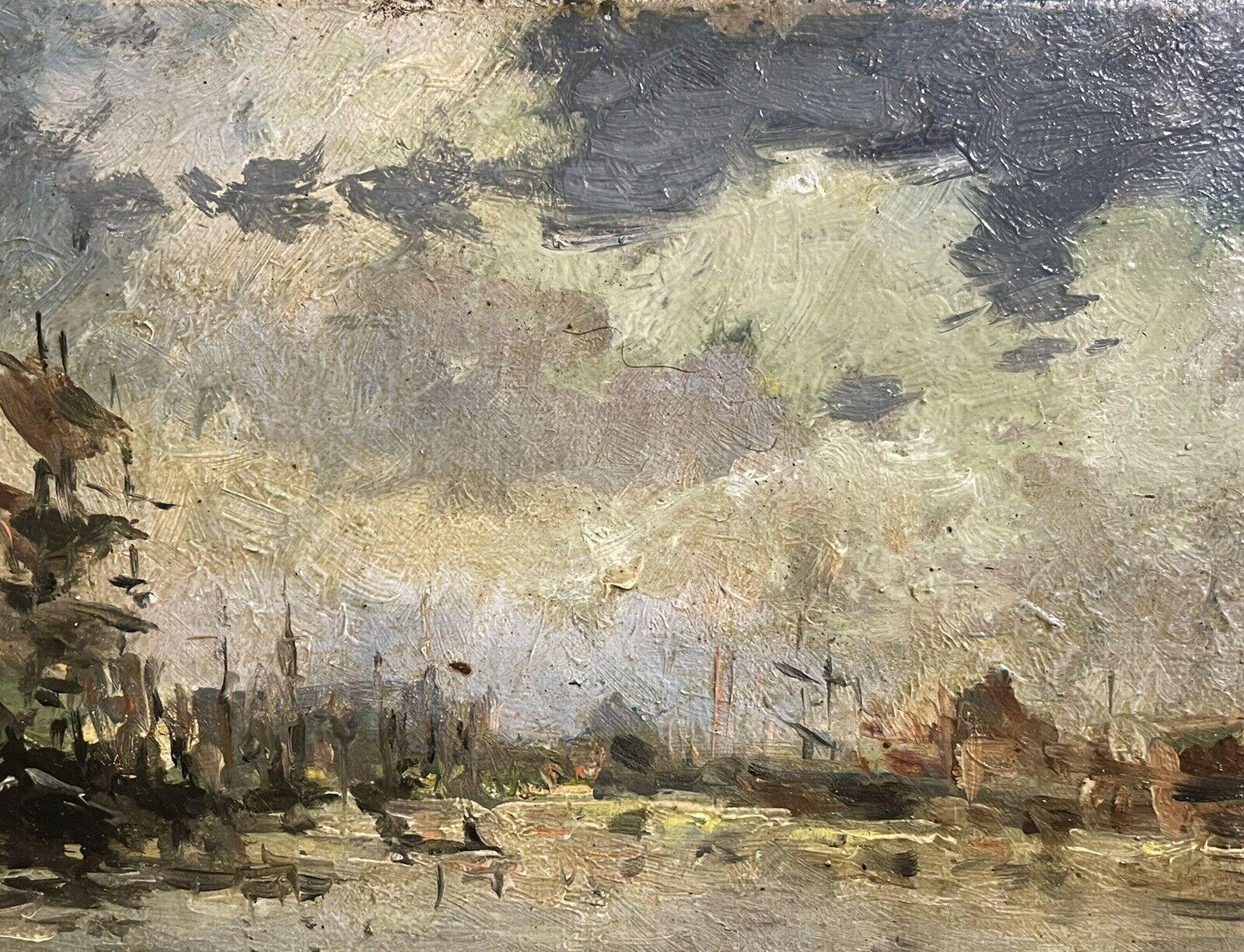 MAURICE MAZEILIE  FRENCH IMPRESSIONIST SIGNED OIL - ALL SHIP IN FRENCH HARBOUR (Beige), Landscape Painting, von Maurice Mazeilie