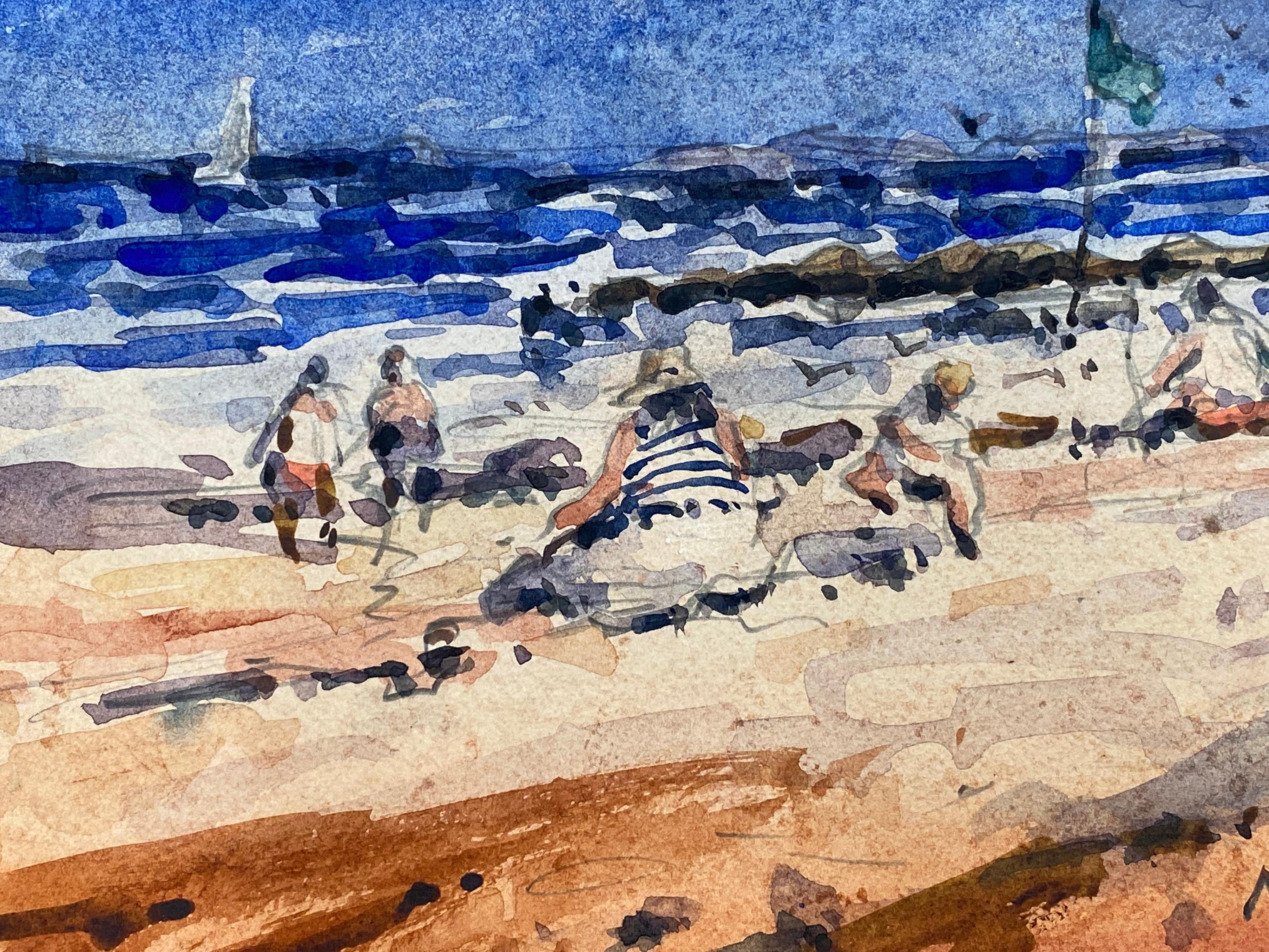 MAURICE MAZEILIE - FRENCH IMPRESSIONIST SIGNED WATERCOLOUR BUSY BEACH SCENE - Painting by Maurice Mazeilie