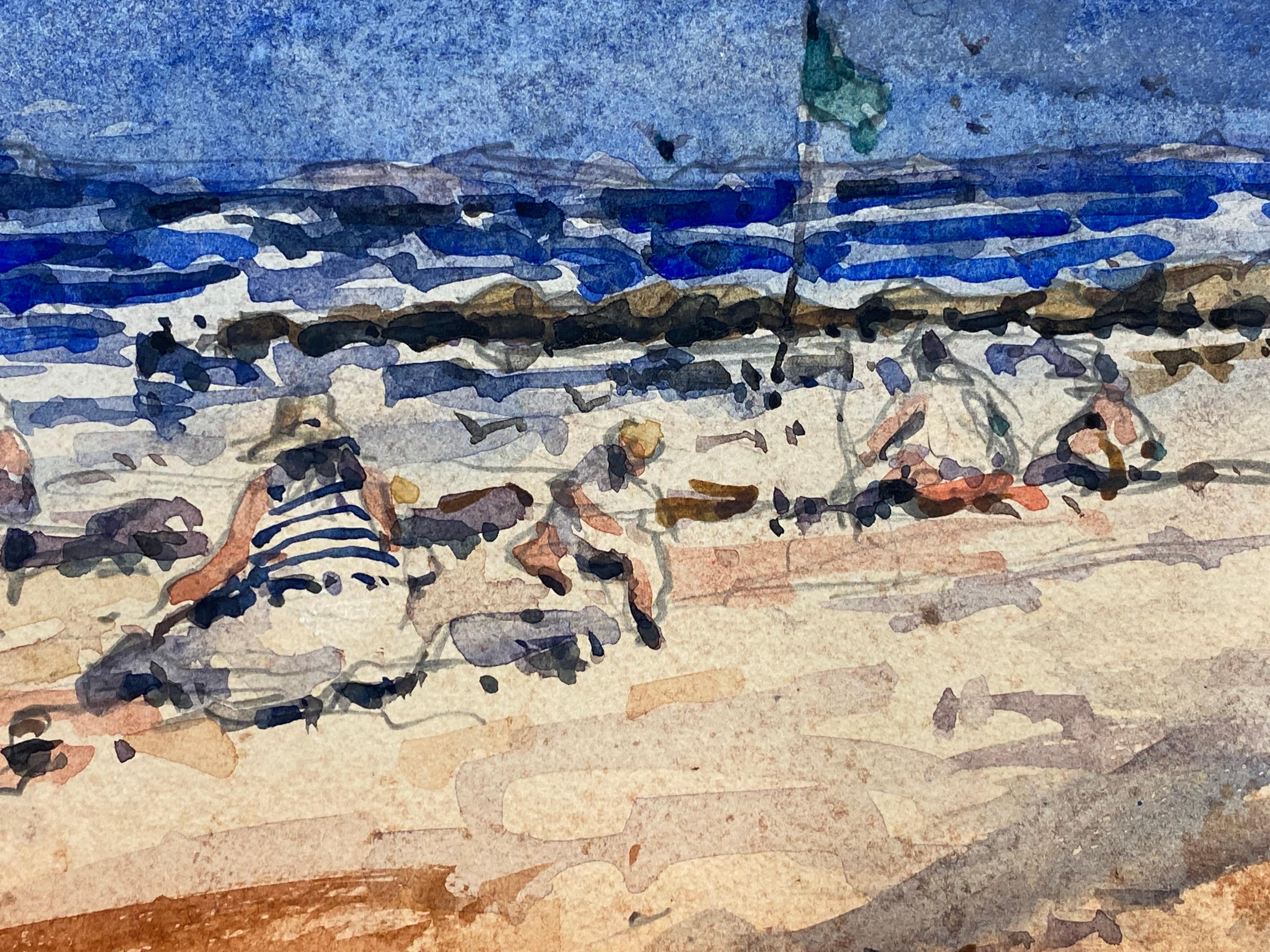 MAURICE MAZEILIE - FRENCH IMPRESSIONIST SIGNED WATERCOLOUR BUSY BEACH SCENE - Impressionist Painting by Maurice Mazeilie