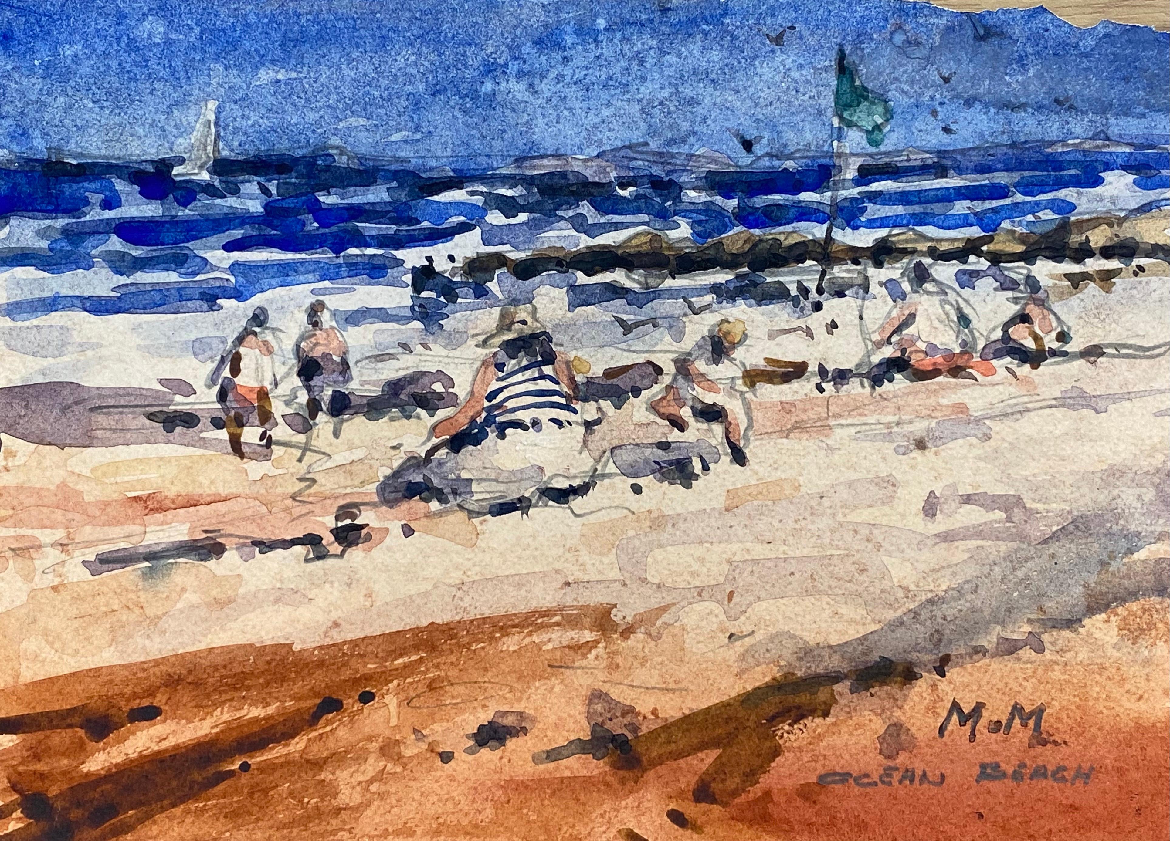 Maurice Mazeilie Landscape Painting - MAURICE MAZEILIE - FRENCH IMPRESSIONIST SIGNED WATERCOLOUR BUSY BEACH SCENE