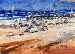 MAURICE MAZEILIE - FRENCH IMPRESSIONIST SIGNED WATERCOLOUR BUSY BEACH SCENE
