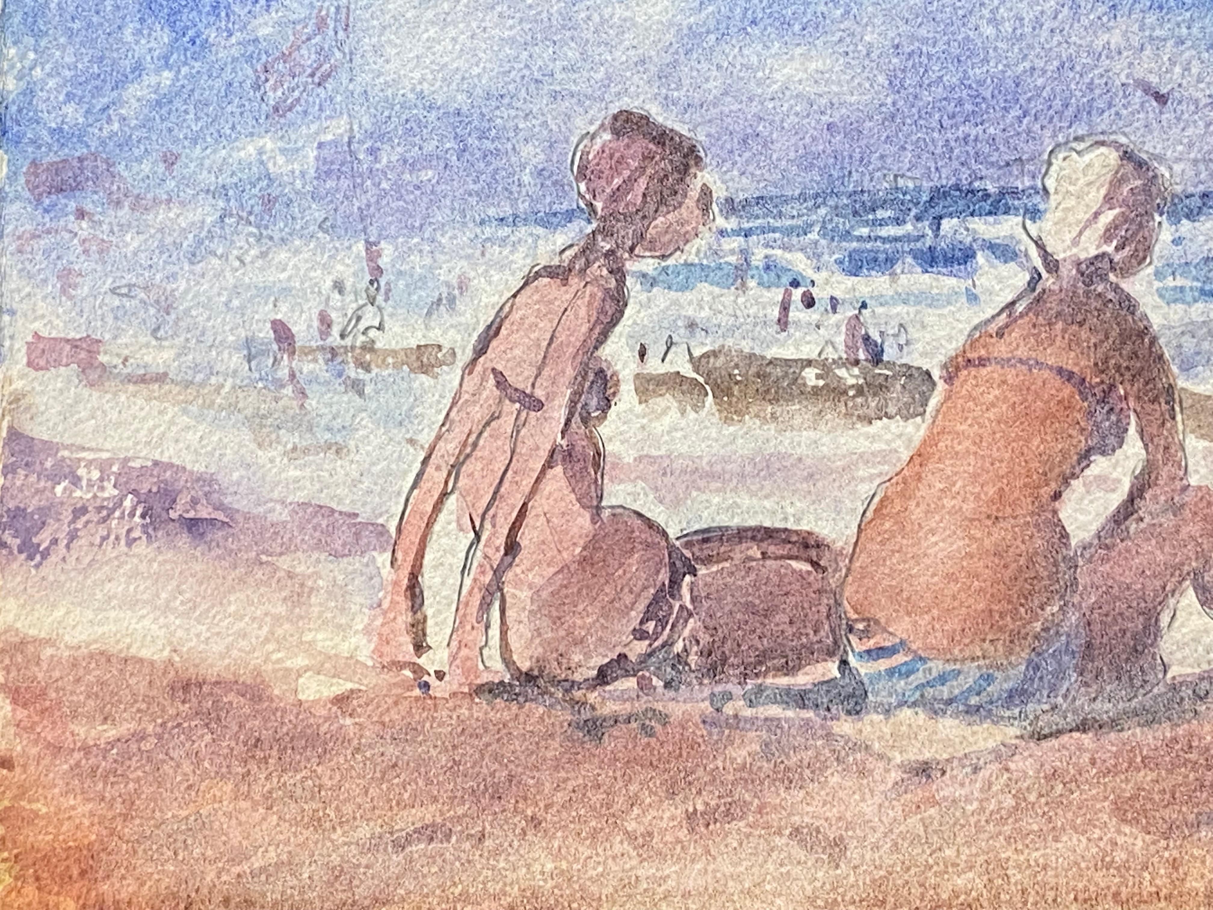 MAURICE MAZEILIE- FRENCH IMPRESSIONIST SIGNED WATERCOLOUR - Girls Sunbathing  - Painting by Maurice Mazeilie