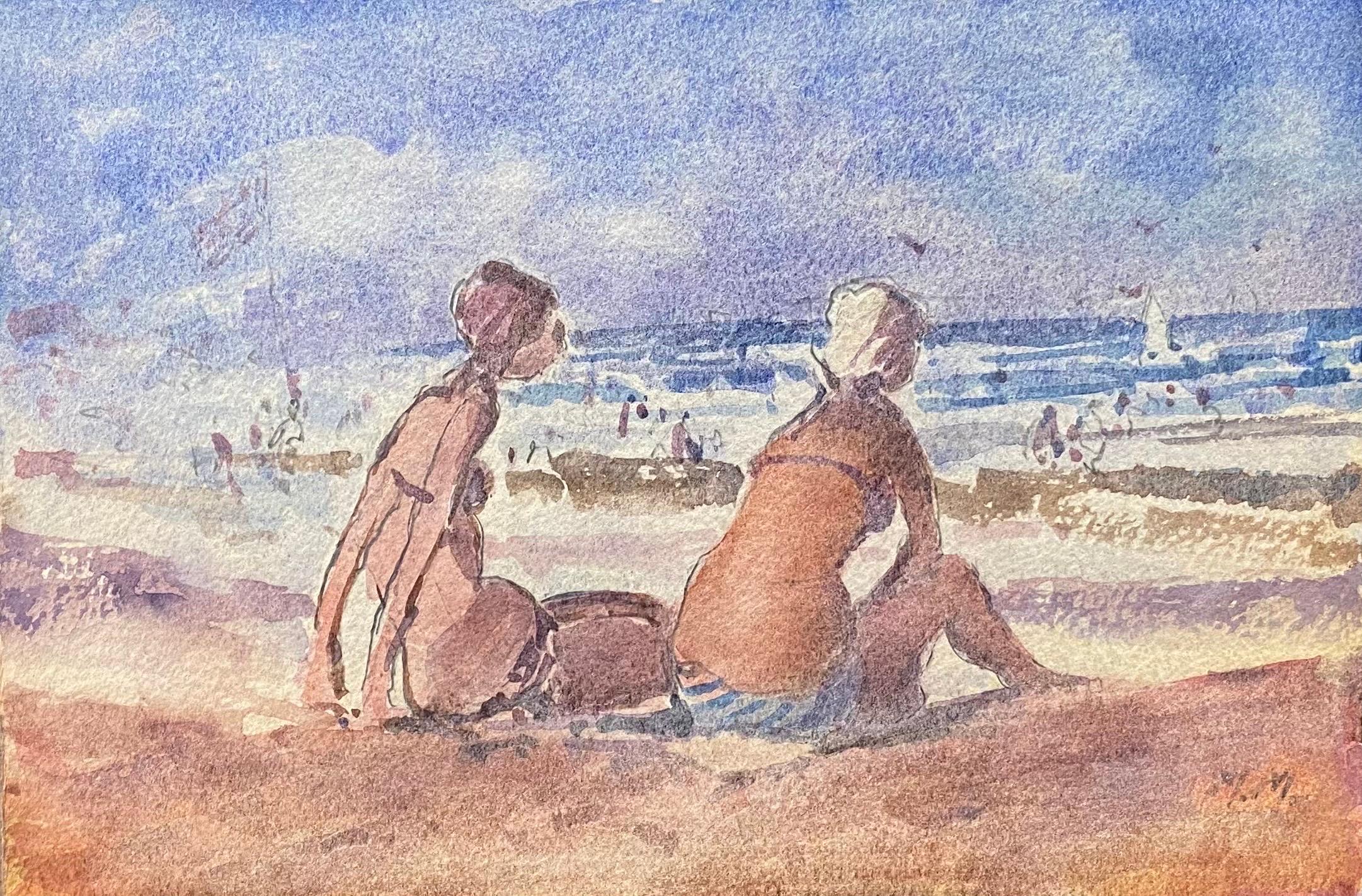 MAURICE MAZEILIE- FRENCH IMPRESSIONIST SIGNED WATERCOLOUR - Girls Sunbathing  - Impressionist Painting by Maurice Mazeilie