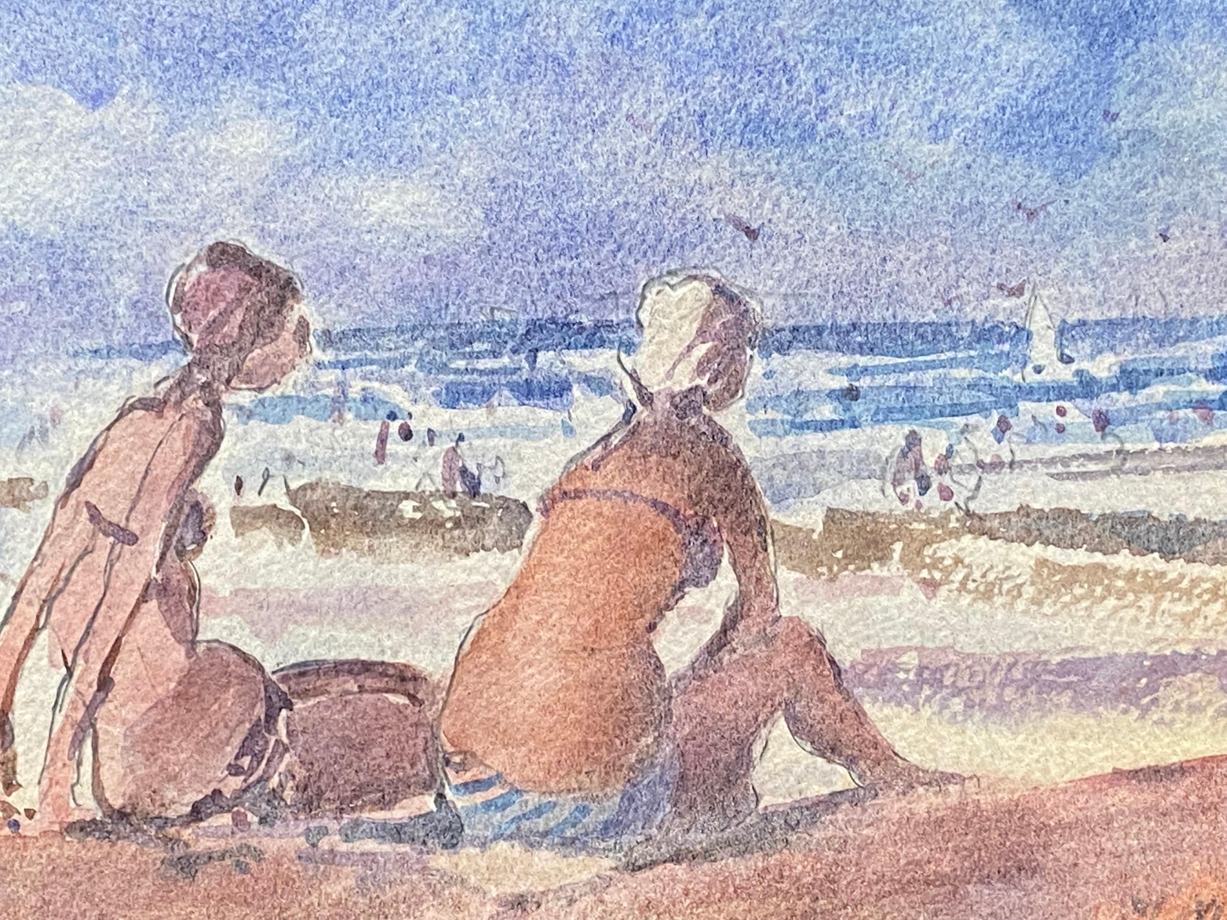 MAURICE MAZEILIE- FRENCH IMPRESSIONIST SIGNED WATERCOLOUR - Girls Sunbathing  - Gray Landscape Painting by Maurice Mazeilie