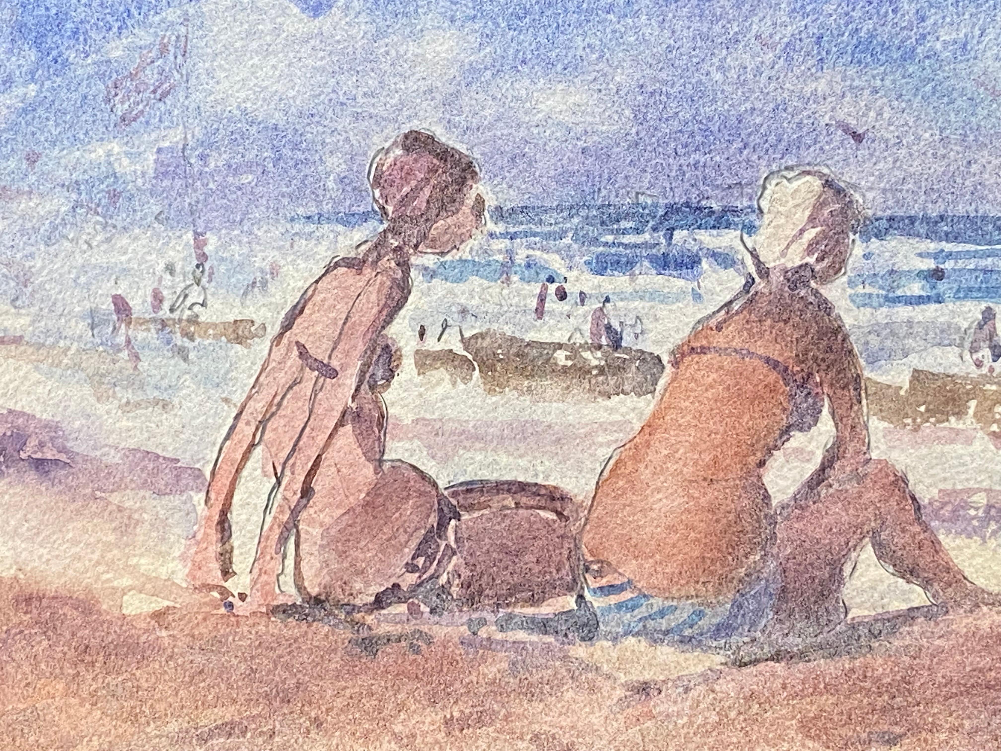Maurice Mazeilie Landscape Painting - MAURICE MAZEILIE- FRENCH IMPRESSIONIST SIGNED WATERCOLOUR - Girls Sunbathing 