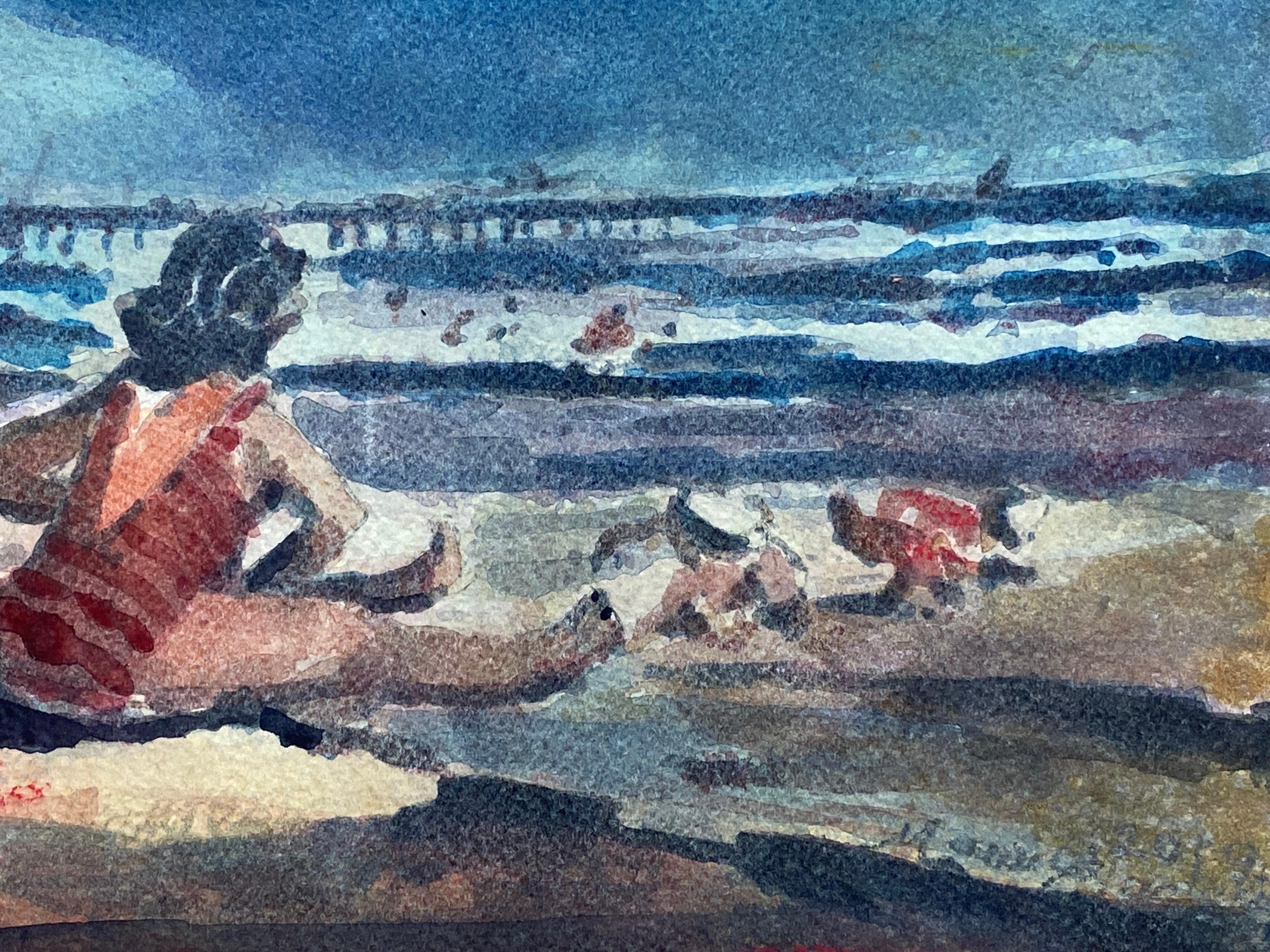 MAURICE MAZEILIE - FRENCH IMPRESSIONIST SIGNED WATERCOLOUR - LADY ON THE BEACH - Painting by Maurice Mazeilie