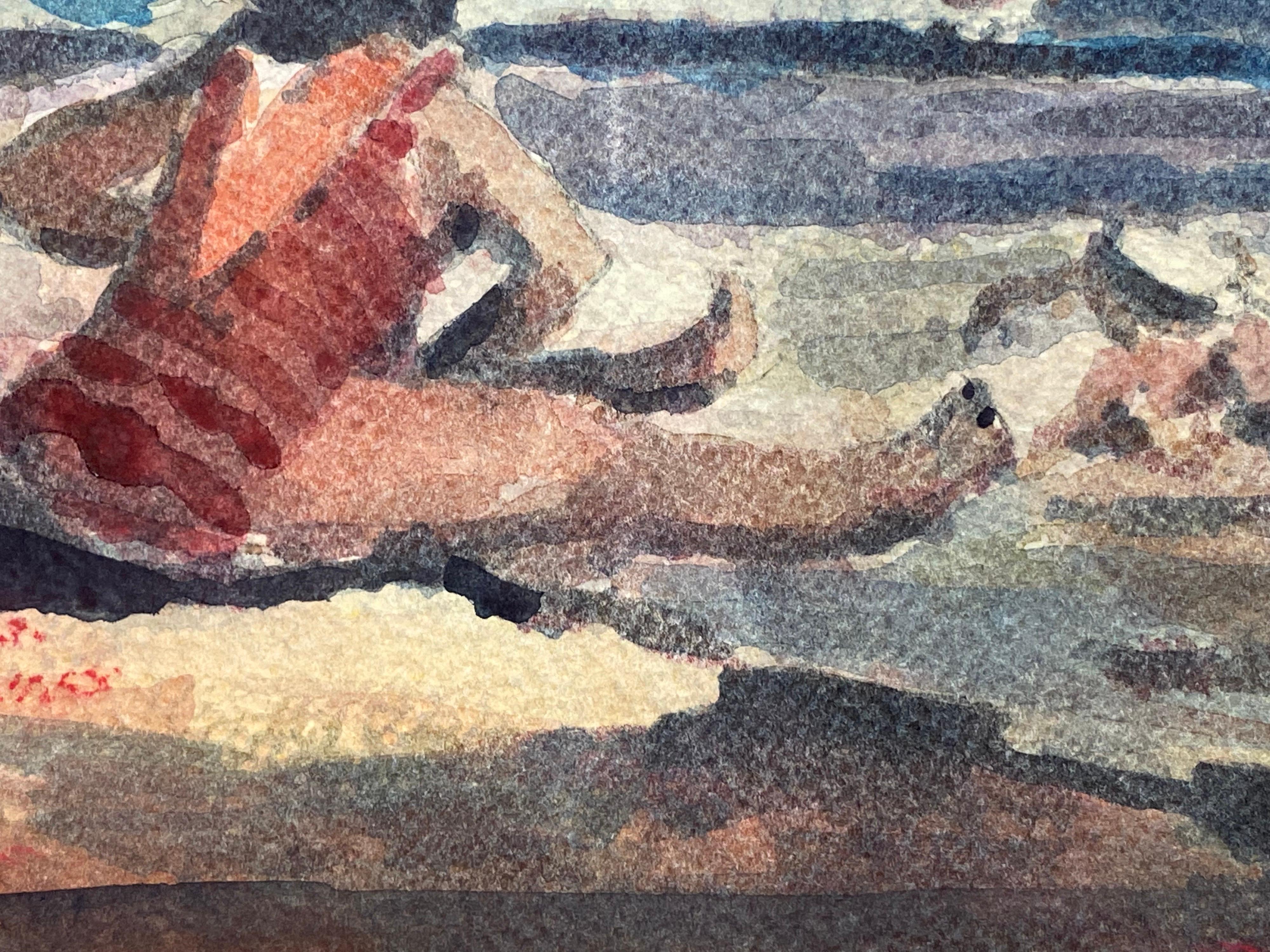 MAURICE MAZEILIE - französischer Impressionist, SIGNED WATERCOLOUR - LADY ON THE BEACH (Grau), Landscape Painting, von Maurice Mazeilie