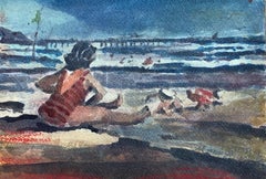 MAURICE MAZEILIE - FRENCH IMPRESSIONIST SIGNED WATERCOLOUR - LADY ON THE BEACH