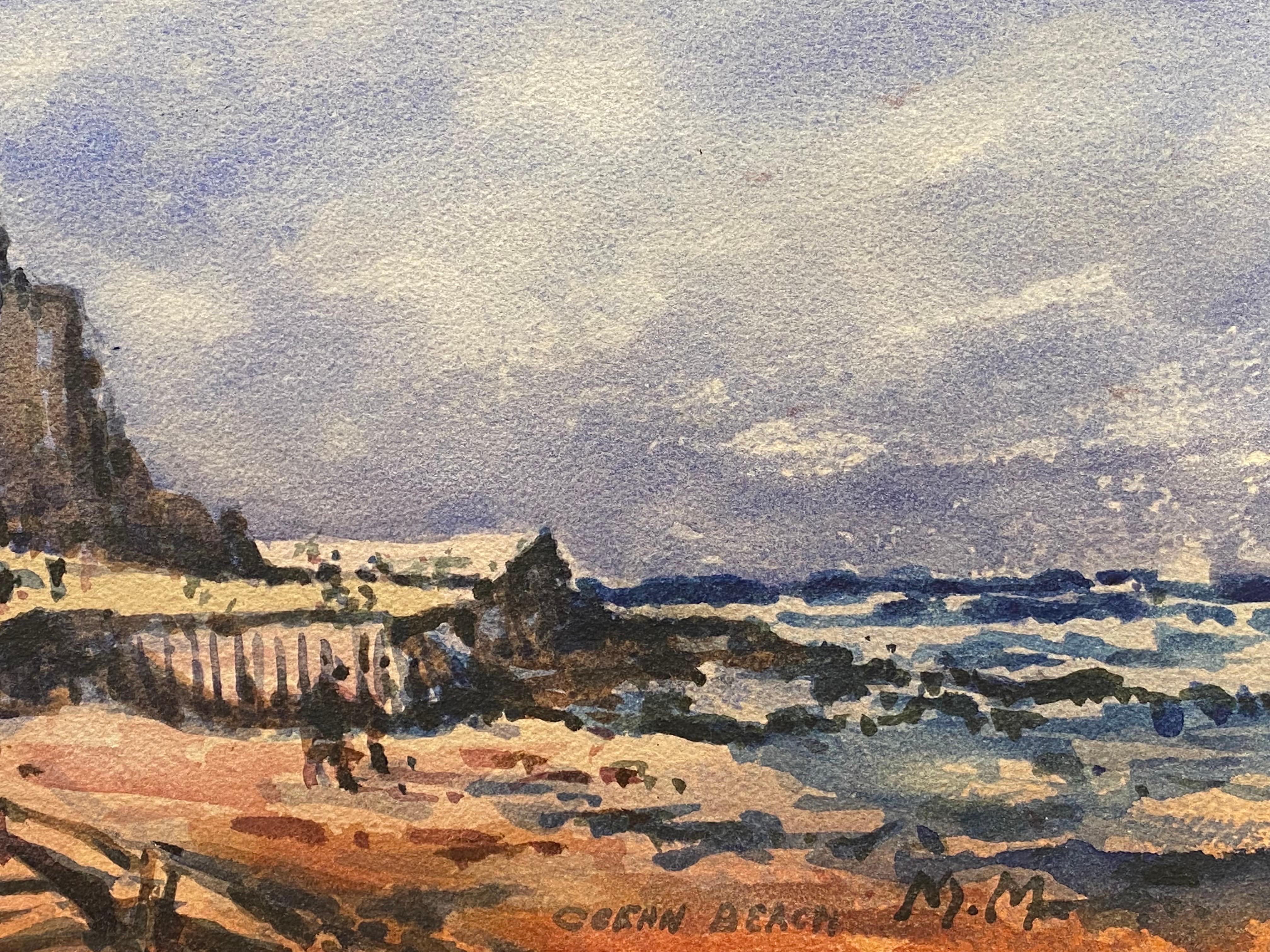 MAURICE MAZEILIE- FRENCH IMPRESSIONIST SIGNED WATERCOLOUR - Ocean Beach - Gray Figurative Painting by Maurice Mazeilie
