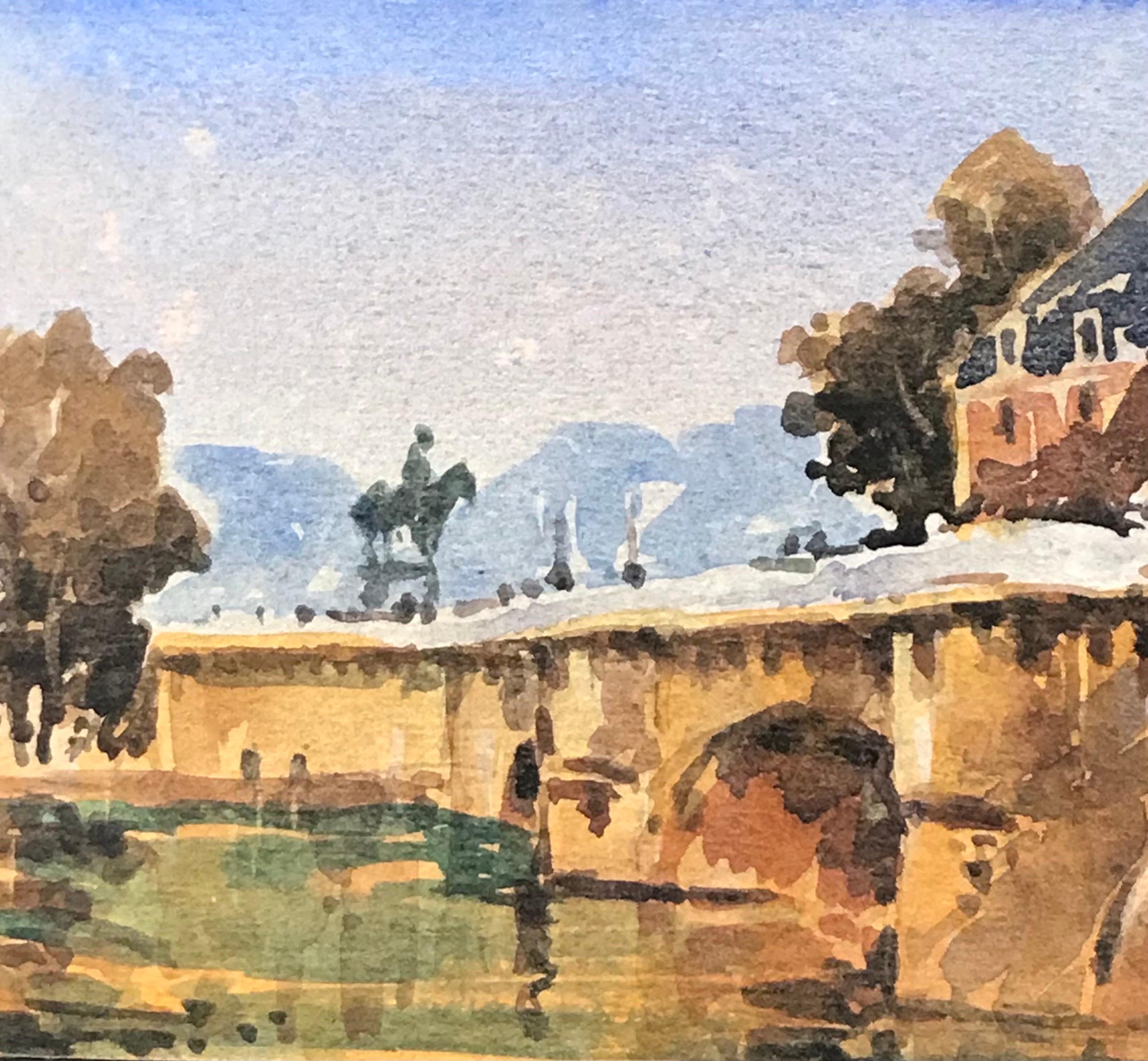 MAURICE MAZEILIE-Acquarello IMPRESSIONISTA FRANCESE - Ponte parigino autunnale - Painting di Maurice Mazeilie