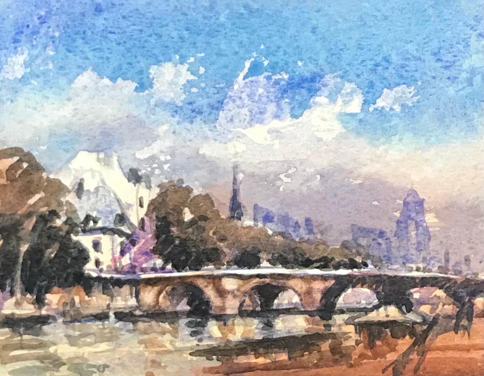 MAURICE MAZEILIE-Acquarello IMPRESSIONISTA FRANCESE - Bel ponte di Parigi - Painting di Maurice Mazeilie