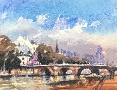 MAURICE MAZEILIE-Acquarello IMPRESSIONISTA FRANCESE - Bel ponte di Parigi