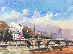 MAURICE MAZEILIE-Acquarello IMPRESSIONISTA FRANCESE - Bel ponte di Parigi