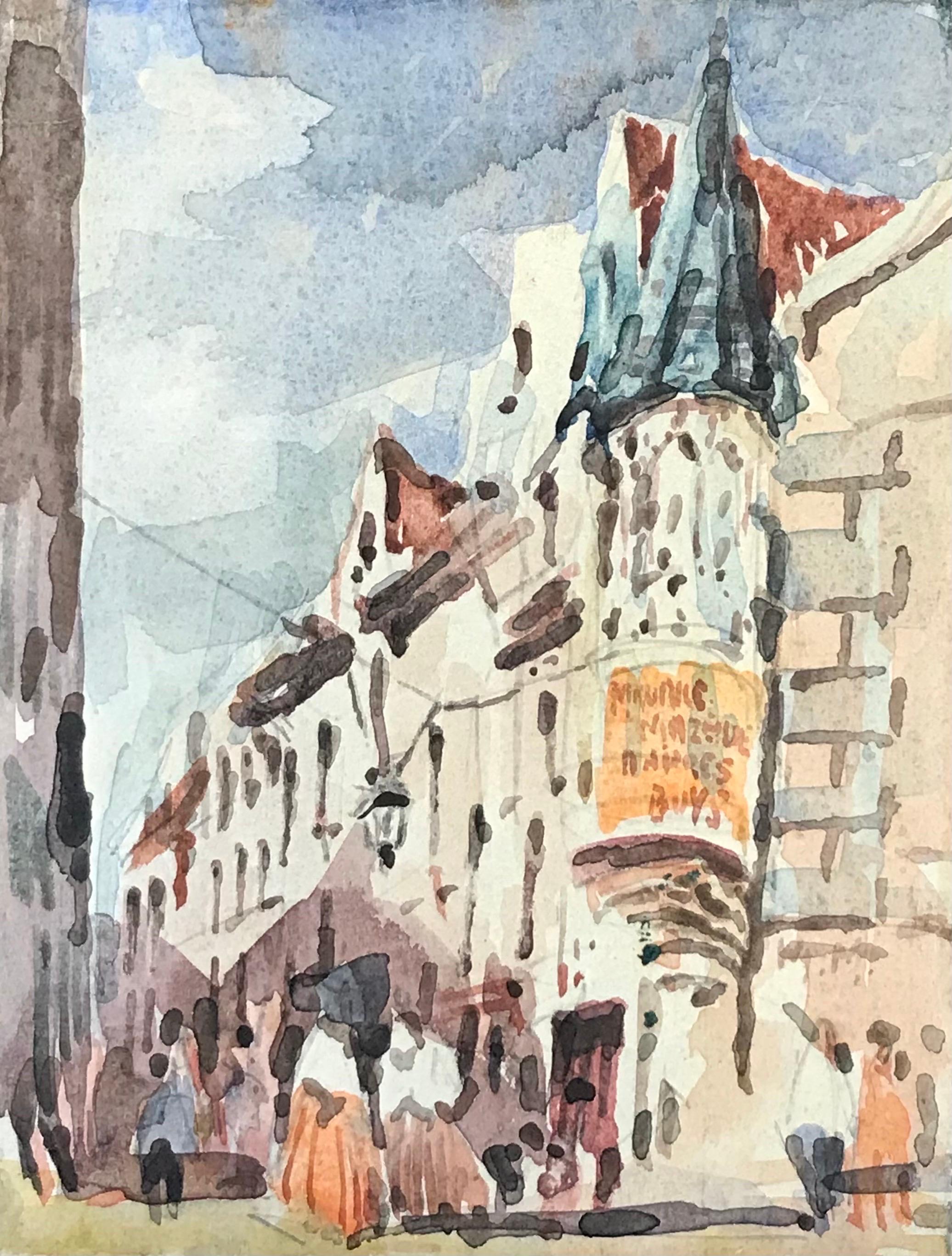 MAURICE MAZEILIE-FRENCH IMPRESSIONIST Watercolour - Busy Parisian Street - Painting by Maurice Mazeilie