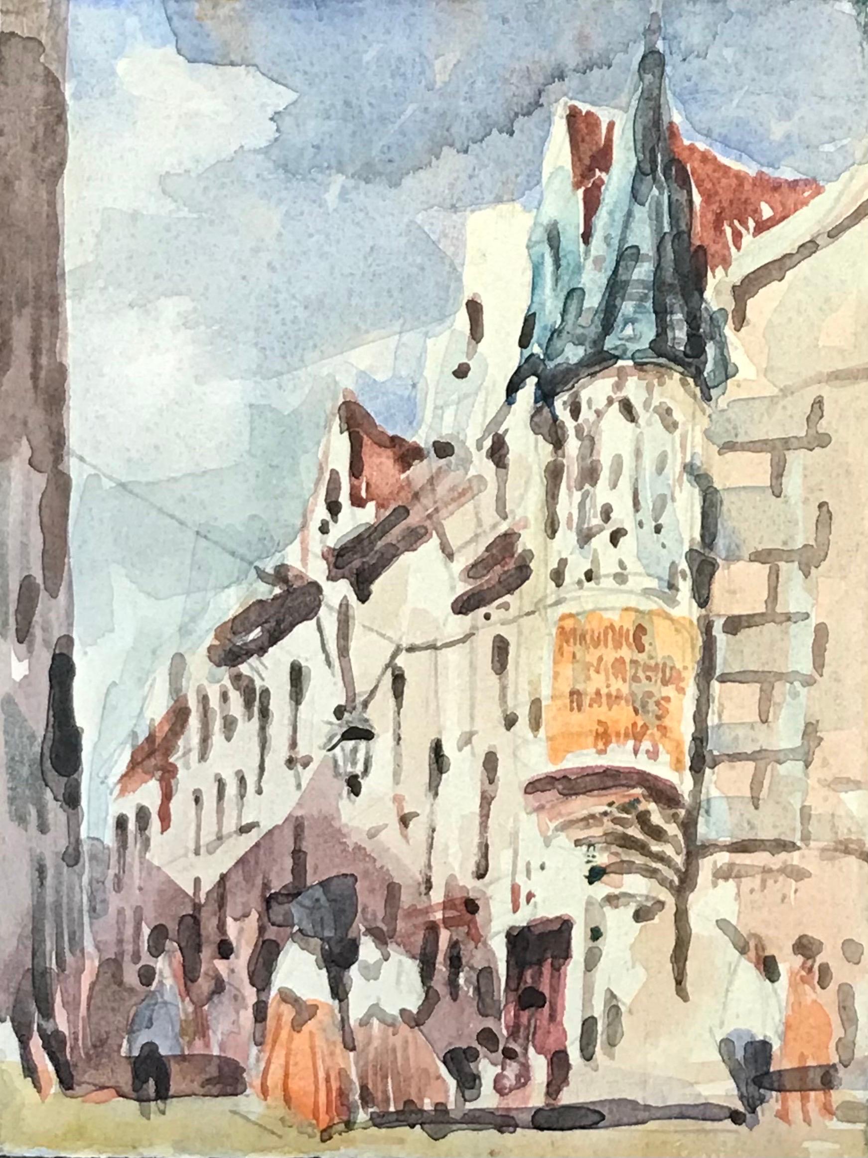 MAURICE MAZEILIE-FRENCH IMPRESSIONIST Watercolour - Busy Parisian Street
