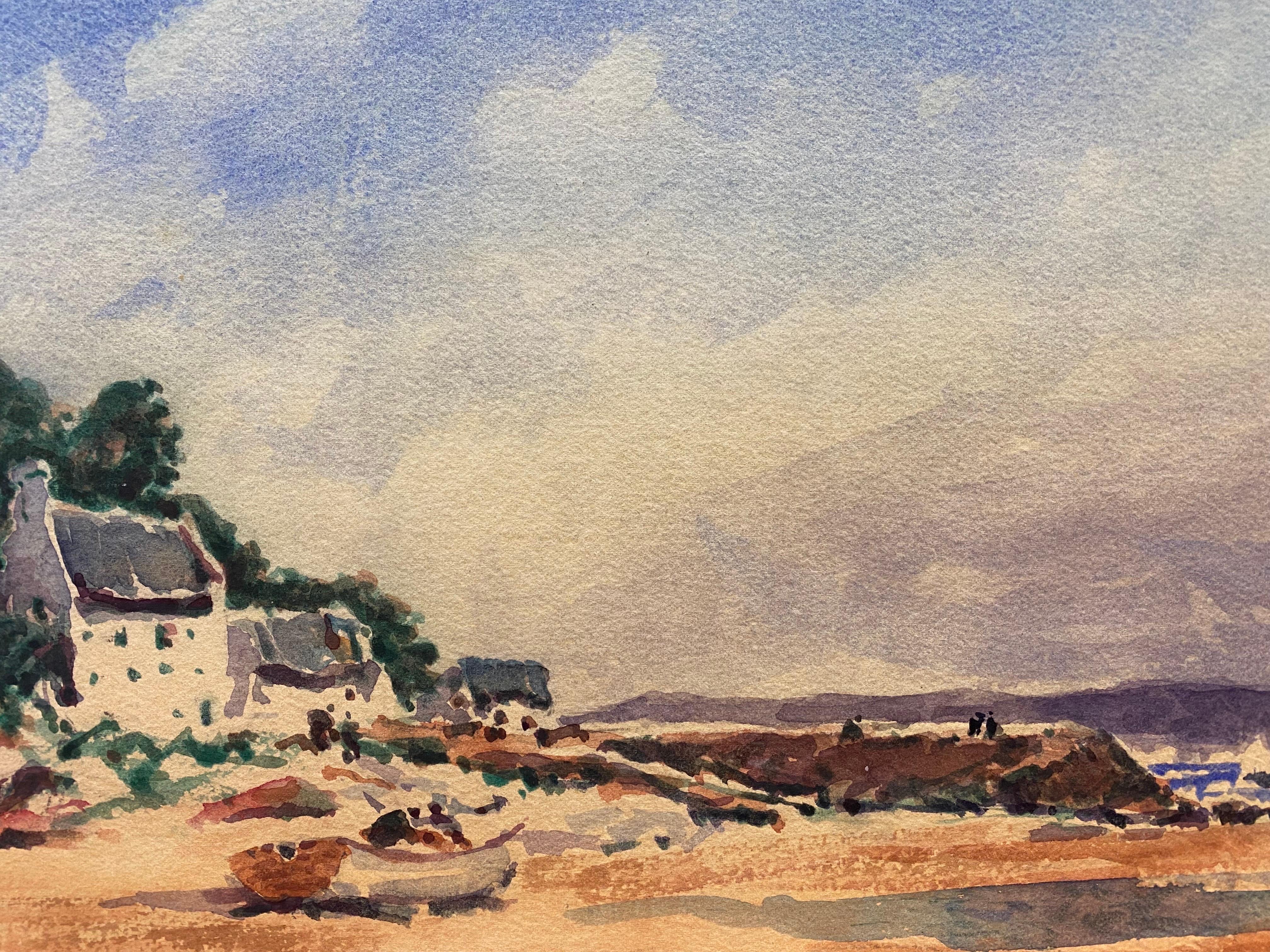 MAURICE MAZEILIE- IMPRESSIONNIST FRANÇAIS WATERCOLOUR - By The Shore - Beige Landscape Painting par Maurice Mazeilie