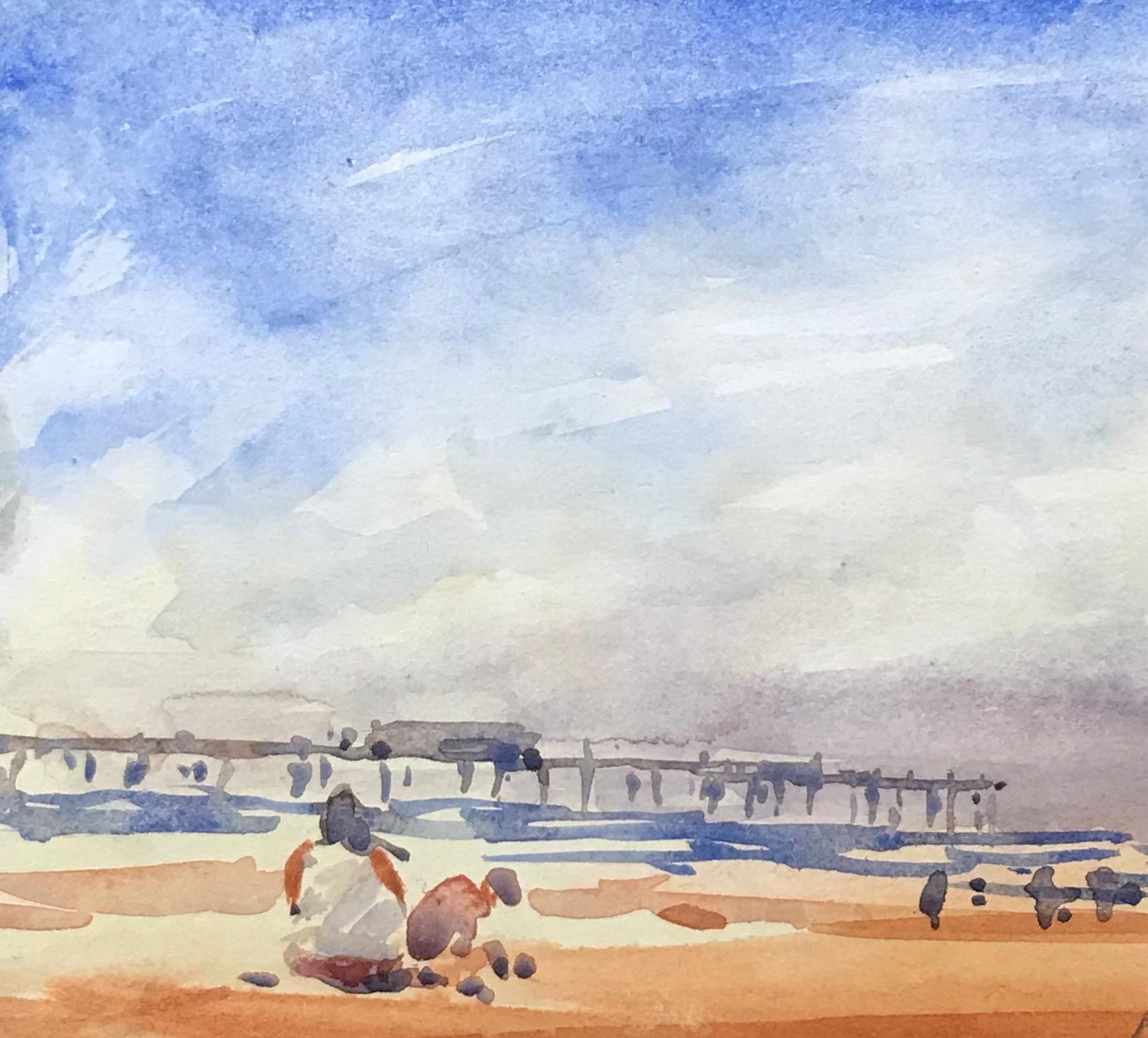 MAURICE MAZEILIE-FRENCH IMPRESSIONIST Watercolour - Figures At The Beach - Painting by Maurice Mazeilie