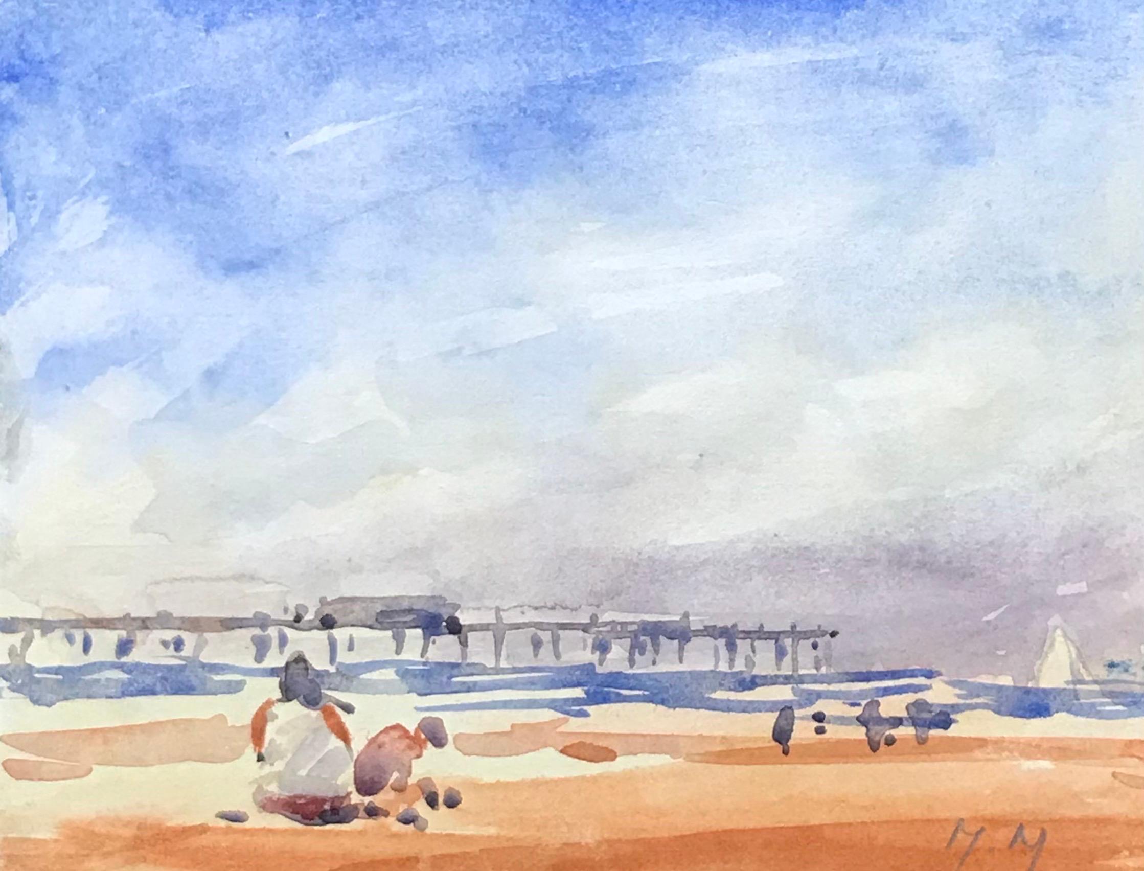 MAURICE MAZEILIE-FRENCH IMPRESSIONIST Watercolour - Figures At The Beach