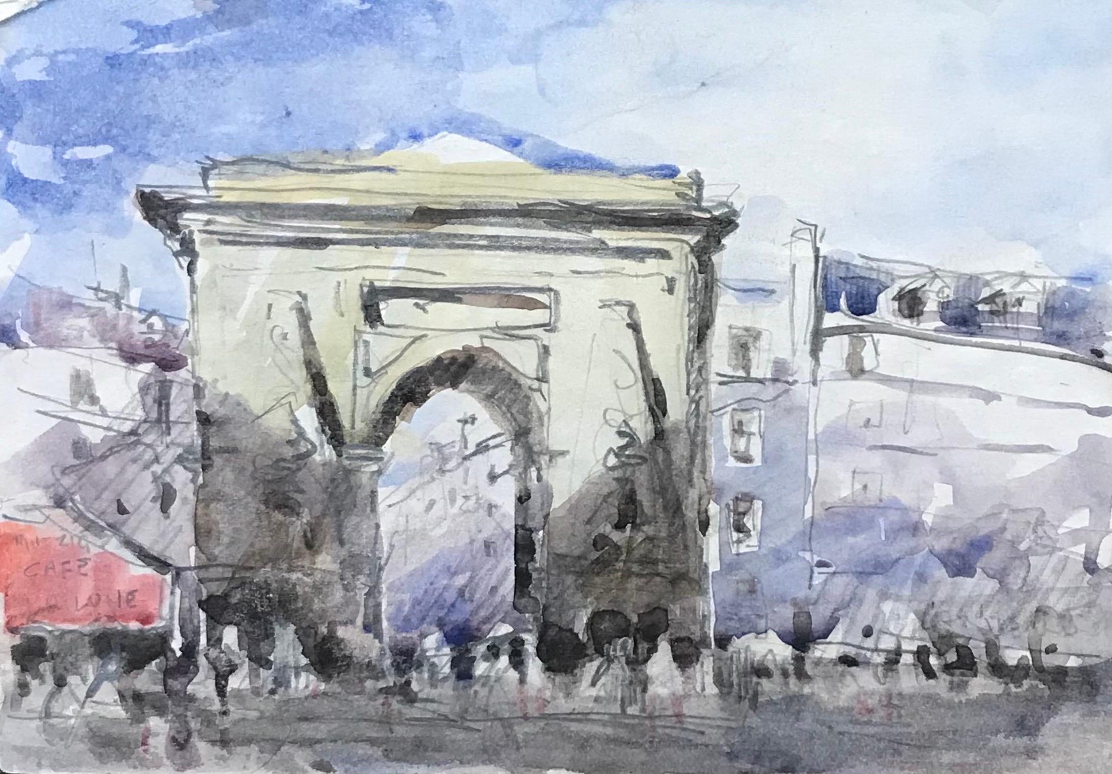 Maurice Mazeilie Figurative Painting - MAURICE MAZEILIE-FRENCH IMPRESSIONIST Watercolour - Paris Arc De Triomphe