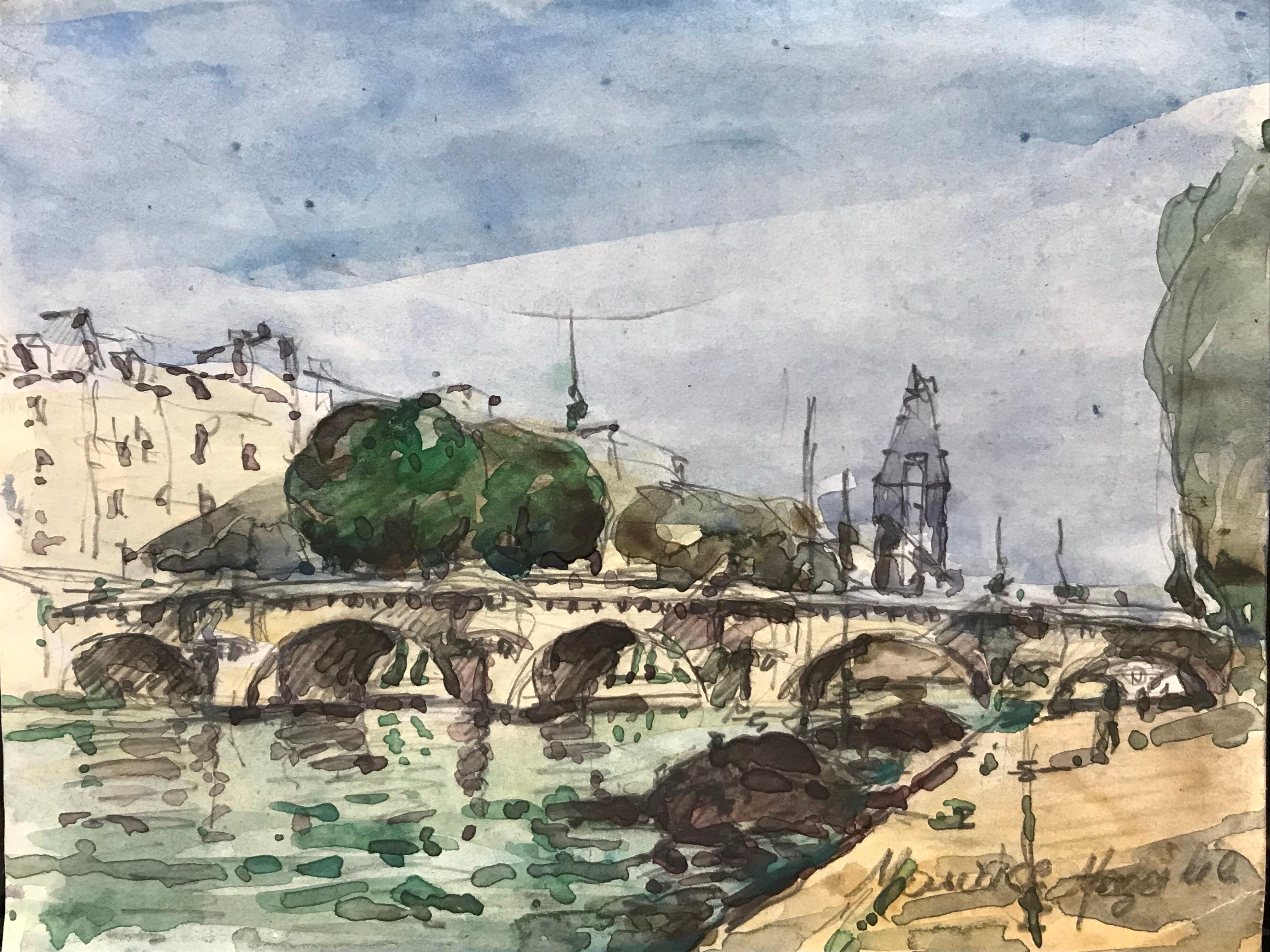 MAURICE MAZEILIE-FRENCH IMPRESSIONIST Watercolour - Paris Bridge Landscape - Painting by Maurice Mazeilie