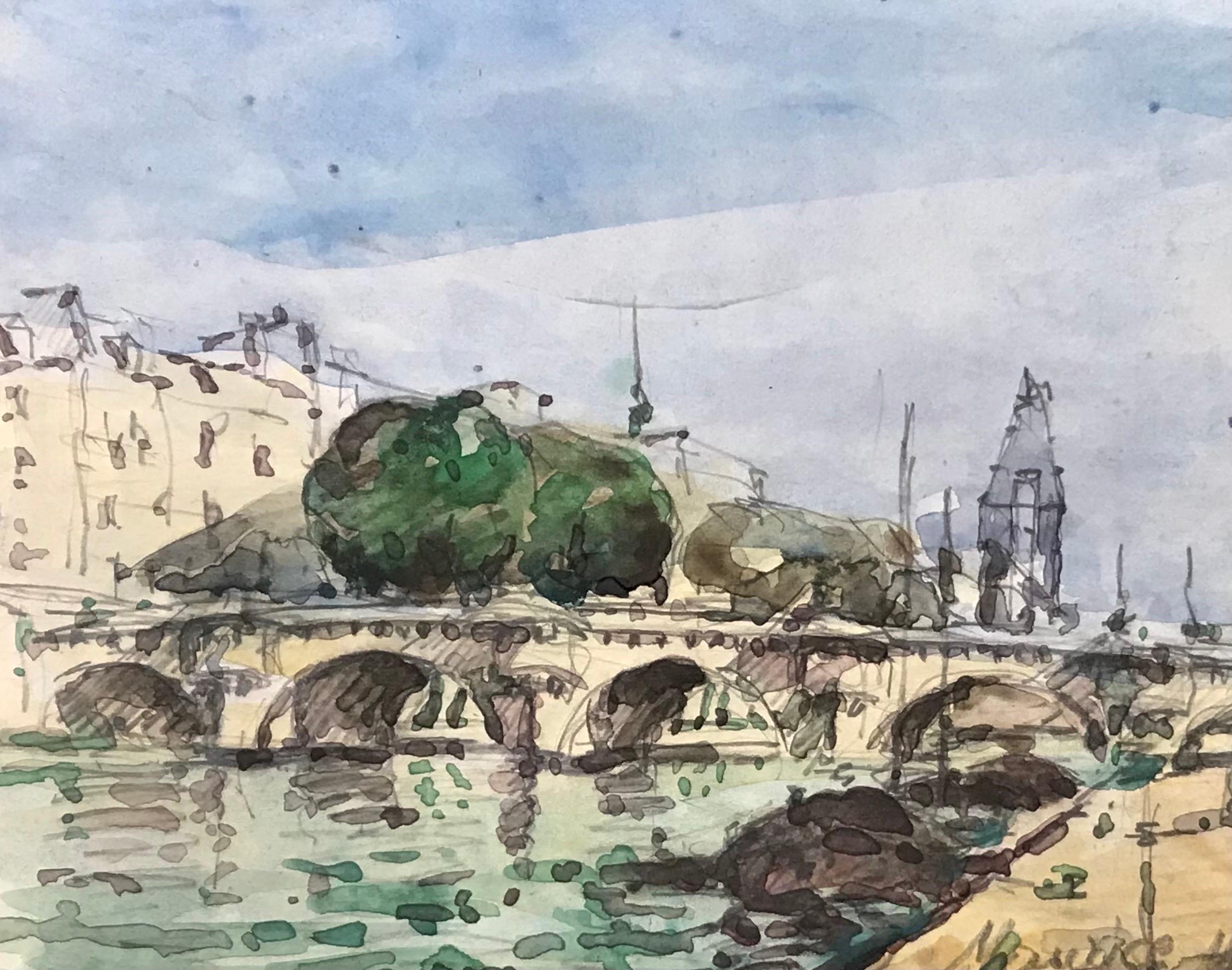MAURICE MAZEILIE-Acquarello IMPRESSIONISTA FRANCESE - Paesaggio del ponte di Parigi - Painting Impressionismo di Maurice Mazeilie