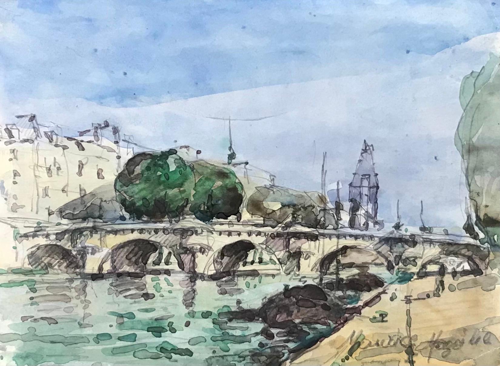 MAURICE MAZEILIE-FRENCH IMPRESSIONIST Watercolour - Paris Bridge Landscape