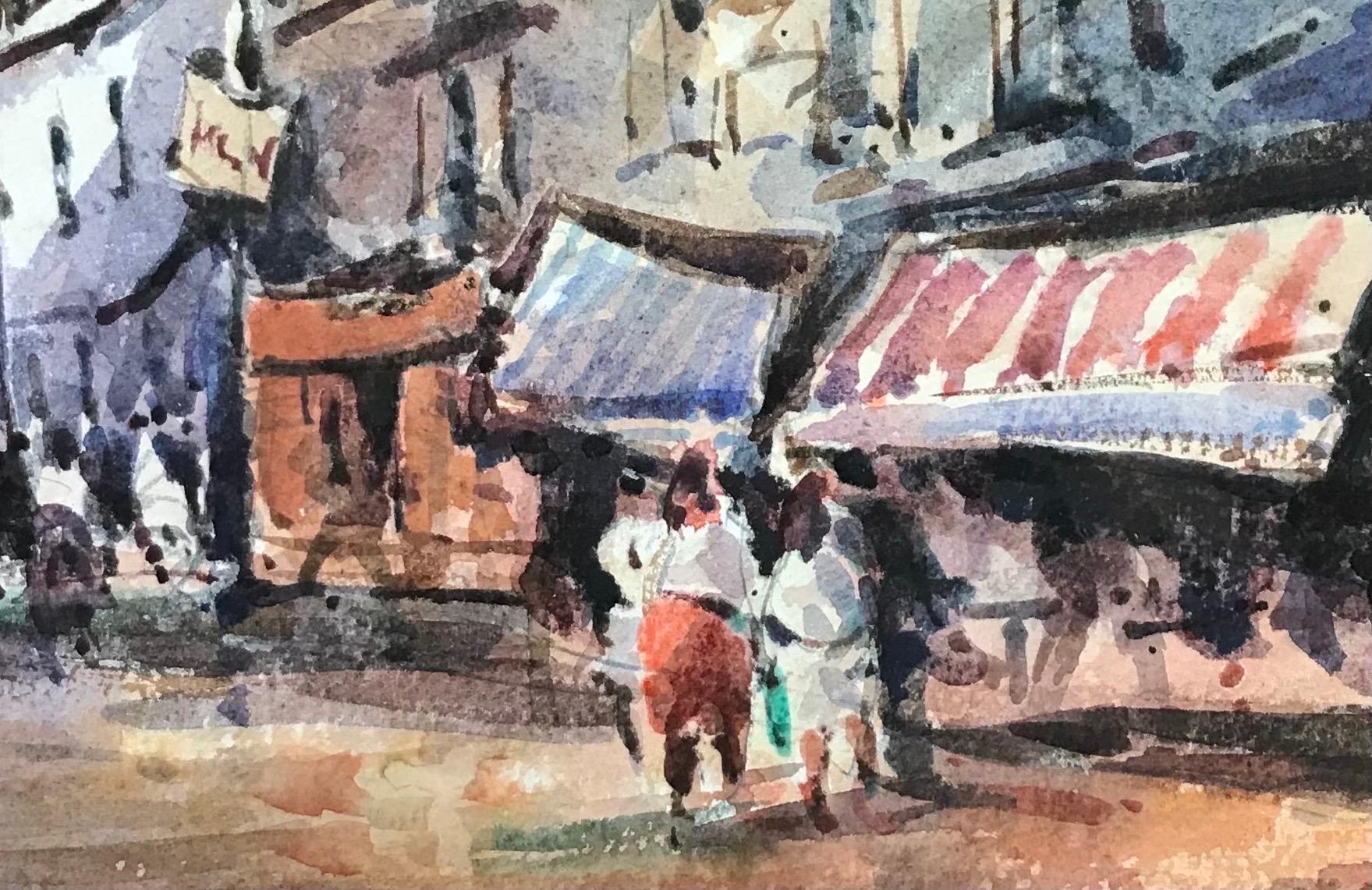 MAURICE MAZEILIE-FRENCH IMPRESSIONIST Watercolour - Parisian Market Stalls - Painting by Maurice Mazeilie