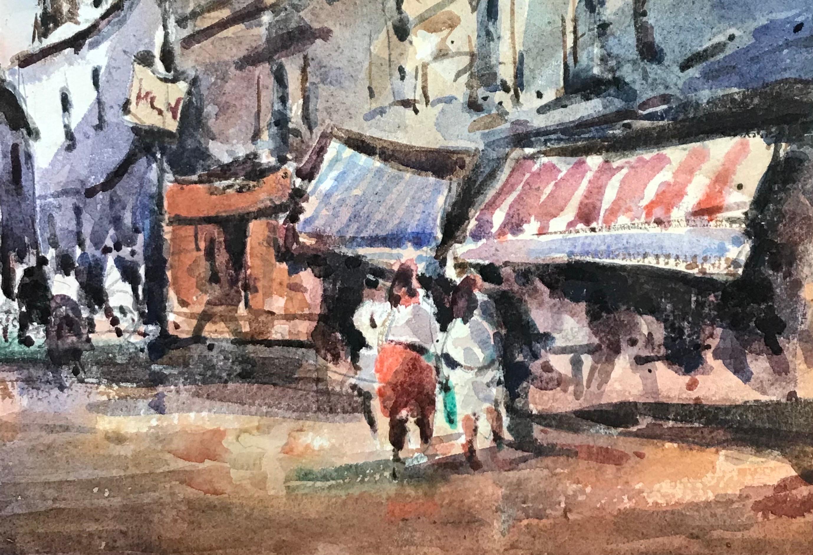 MAURICE MAZEILIE-IMPRESIONISTA FRANCÉS Acuarela - Puestos del mercado parisino - Painting Impresionista de Maurice Mazeilie