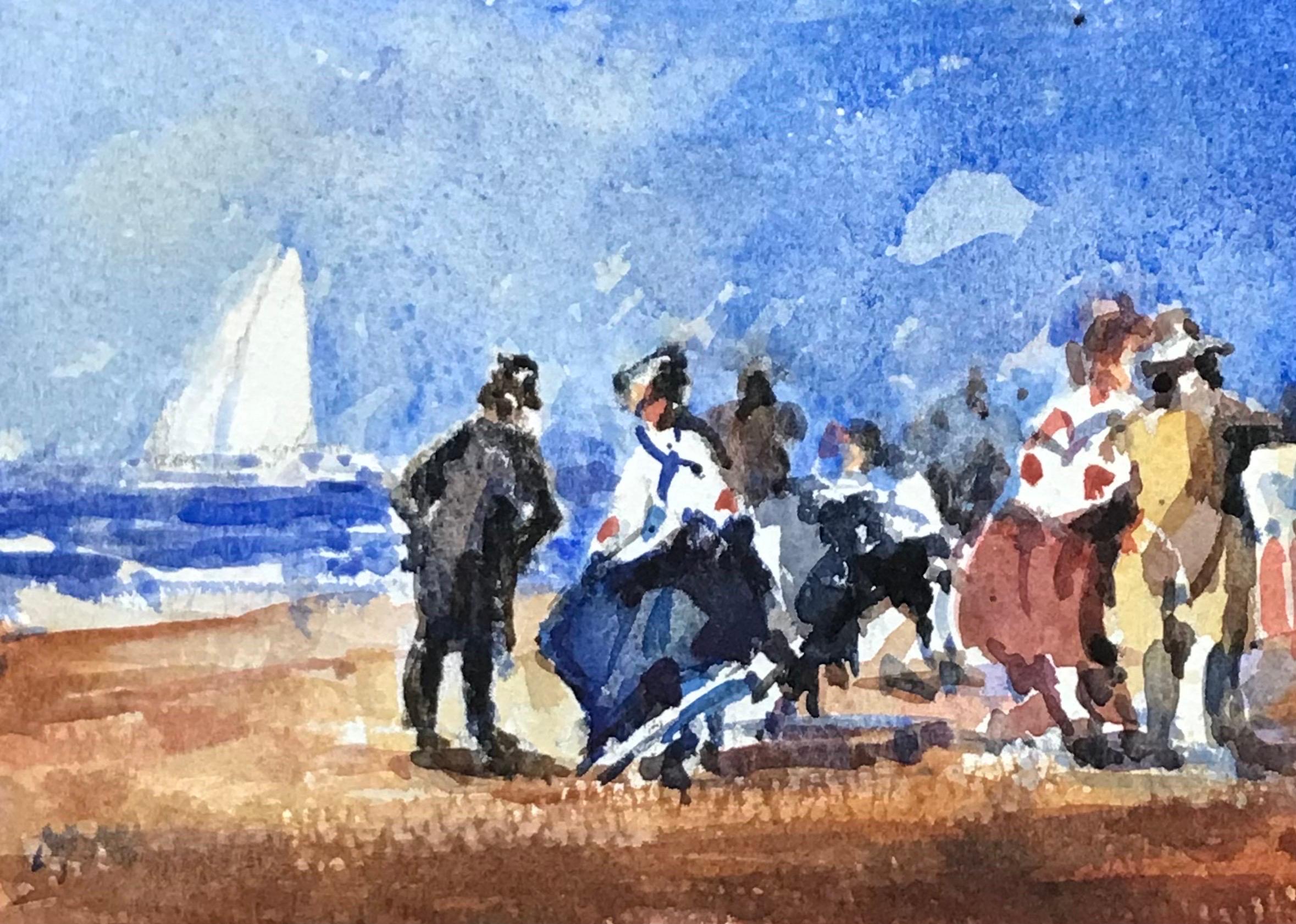 MAURICE MAZEILIE-FRENCH IMPRESSIONIST Watercolour - Sailors Meet At The Beach - Painting by Maurice Mazeilie