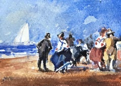 MAURICE MAZEILIE-FRENCH IMPRESSIONIST Watercolour - Sailors Meet At The Beach