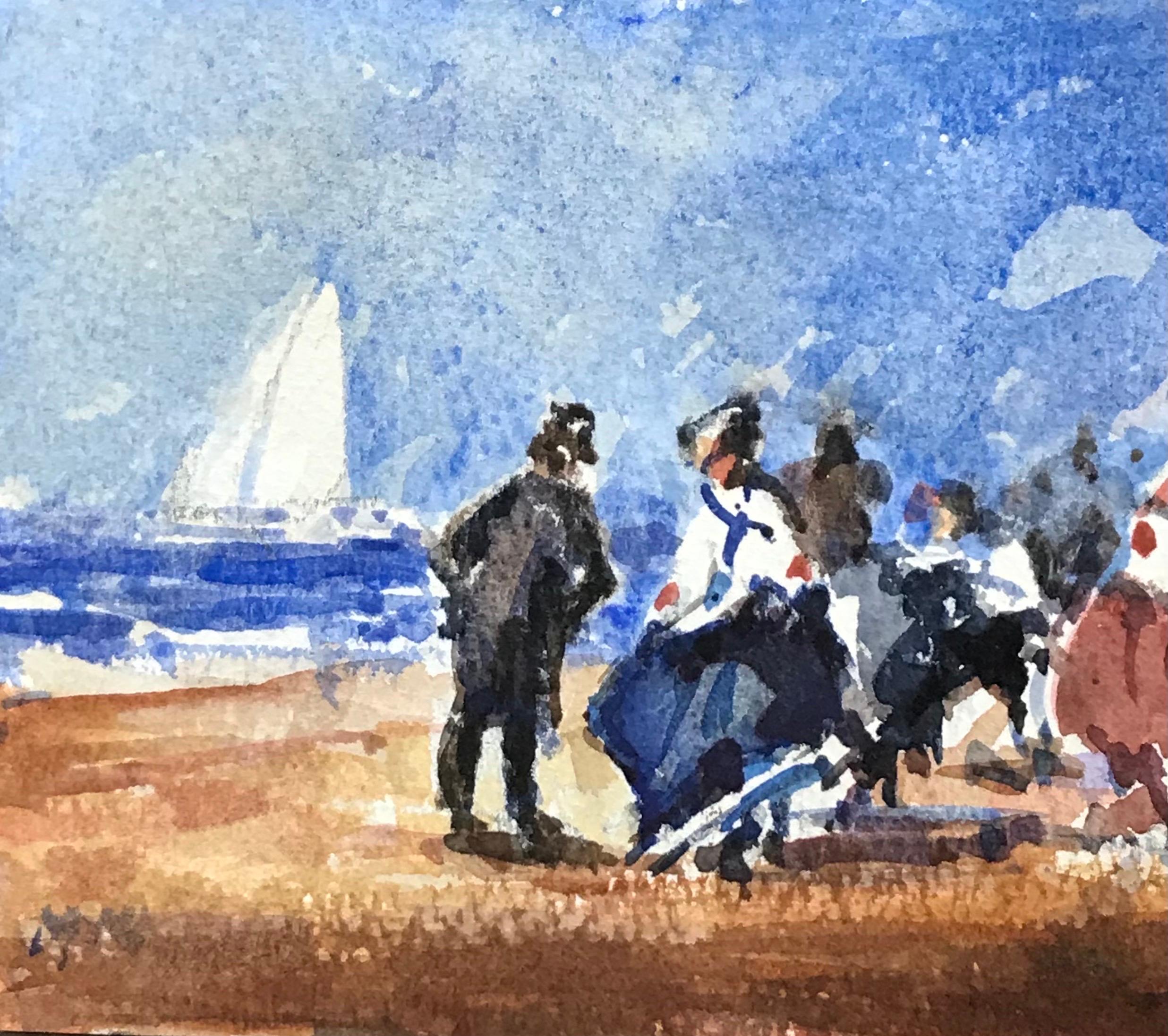 MAURICE MAZEILIE-FRENCH IMPRESSIONIST Watercolour - Sailors Meet At The Beach - Impressionist Painting by Maurice Mazeilie