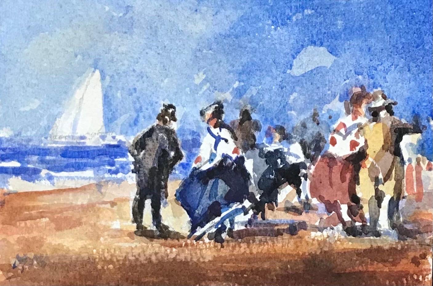 Figurative Painting de Maurice Mazeilie - MAURICE MAZEILIE-IMPRESIONISTA FRANCÉS Acuarela - Encuentro de marineros en la playa