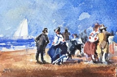 MAURICE MAZEILIE-FRENCH IMPRESSIONIST Watercolour - Sailors Meet At The Beach