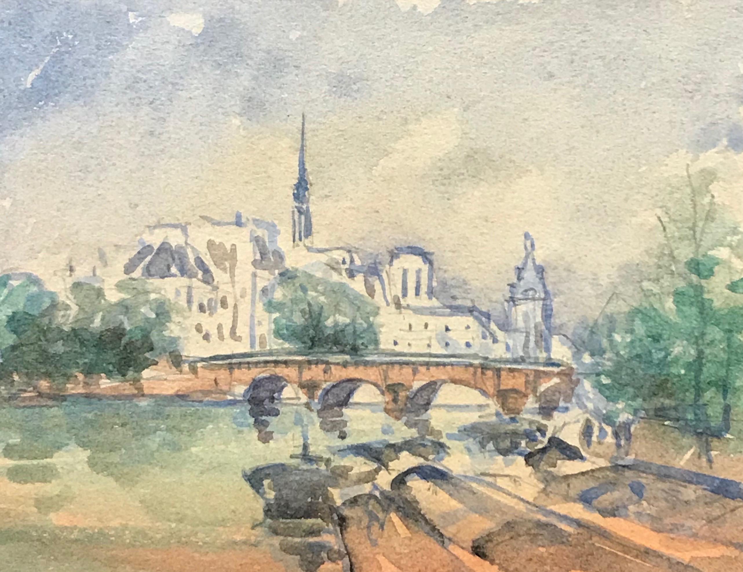 MAURICE MAZEILIE-Acuarela IMPRESIONISTA FRANCESA - Pequeño Paisaje Puente de París - Painting de Maurice Mazeilie