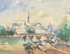 MAURICE MAZEILIE-FRENCH IMPRESSIONIST Watercolour - Small Paris Bridge Landscape