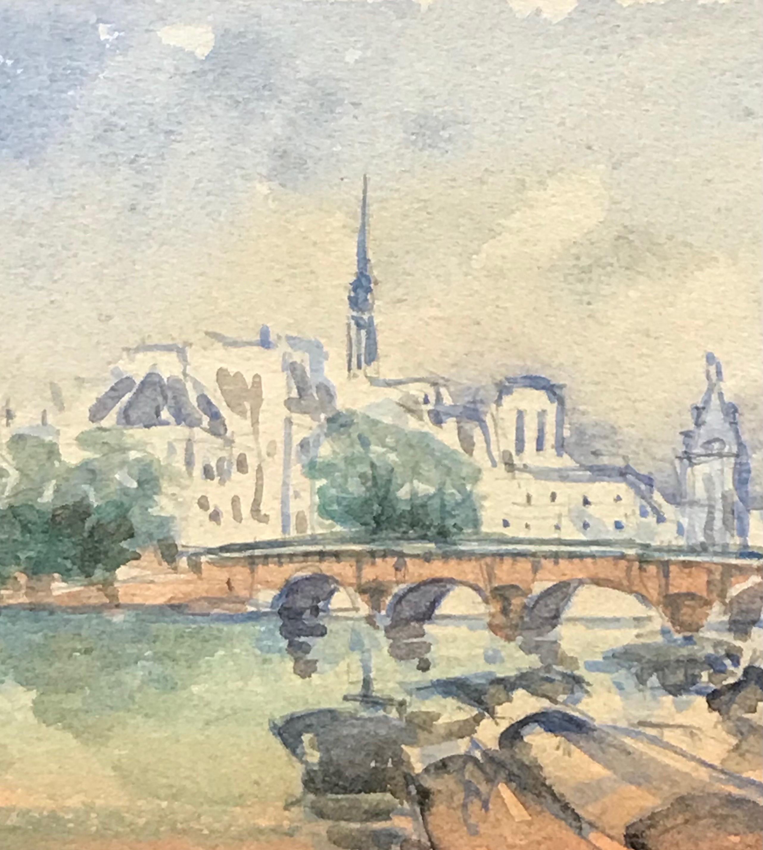MAURICE MAZEILIE-Acuarela IMPRESIONISTA FRANCESA - Pequeño Paisaje Puente de París - Painting Impresionista de Maurice Mazeilie