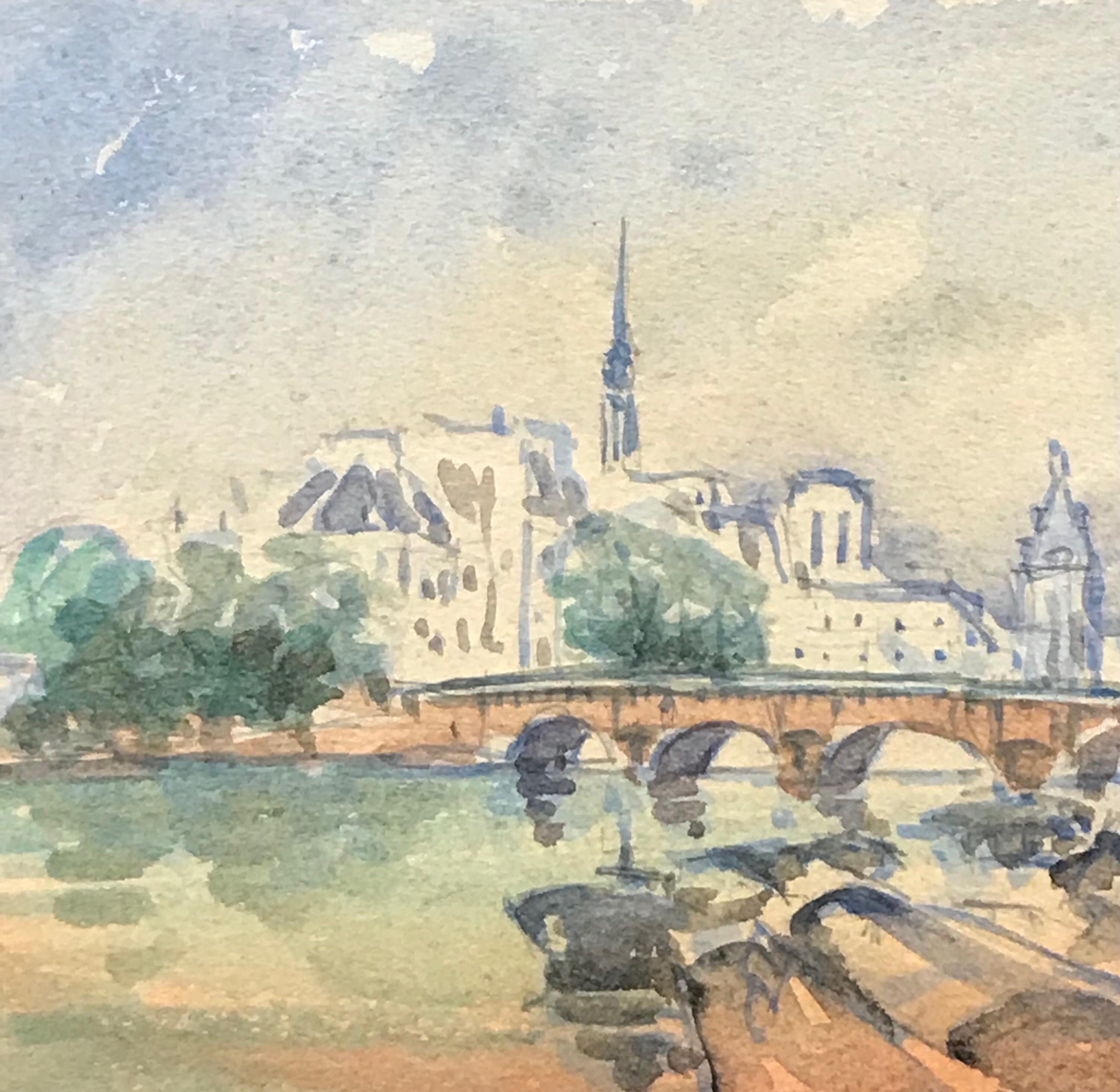 Landscape Painting de Maurice Mazeilie - MAURICE MAZEILIE-Acuarela IMPRESIONISTA FRANCESA - Pequeño Paisaje Puente de París