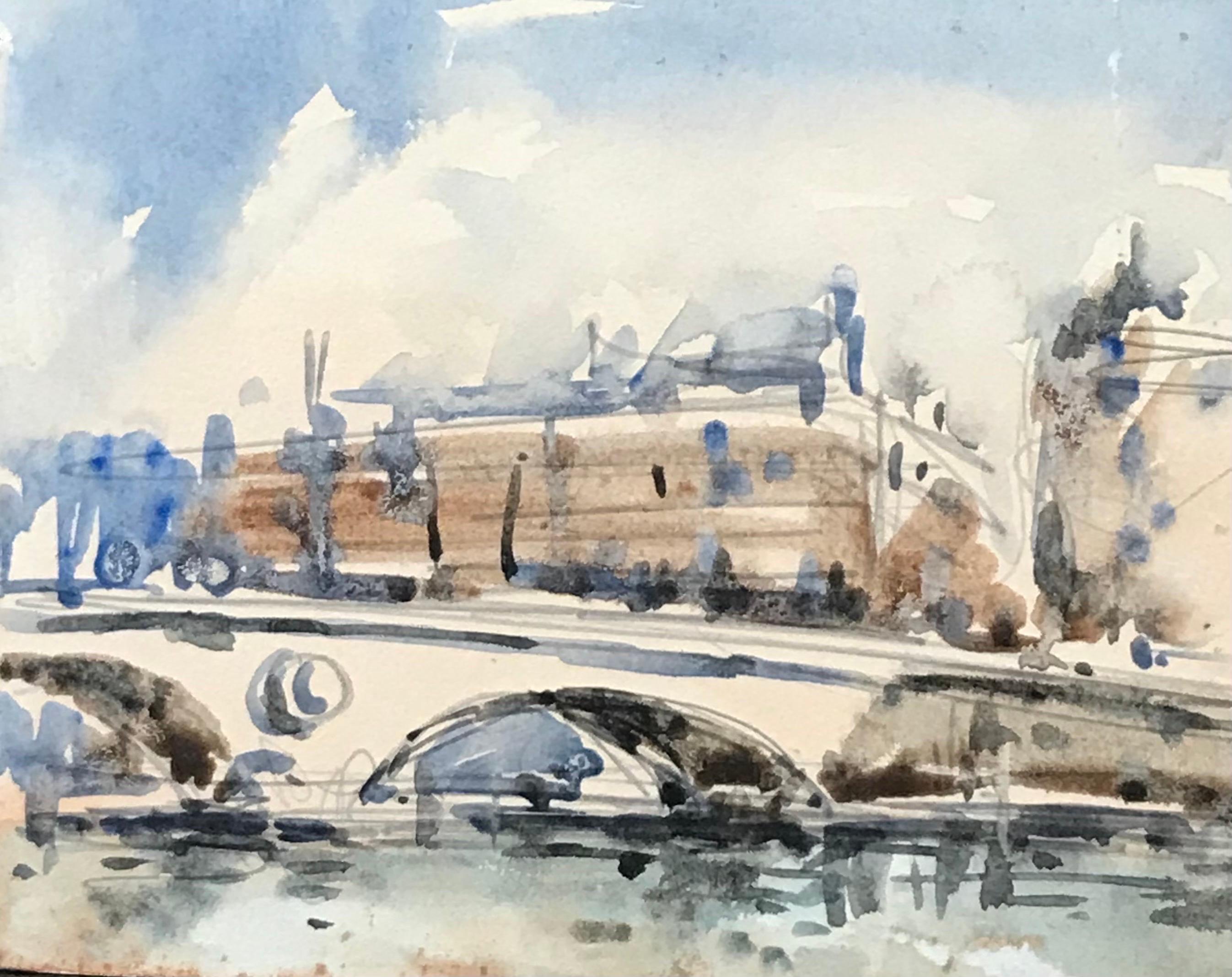 MAURICE MAZEILIE-FRENCH IMPRESSIONIST Watercolour - Small Paris Scene - Painting by Maurice Mazeilie