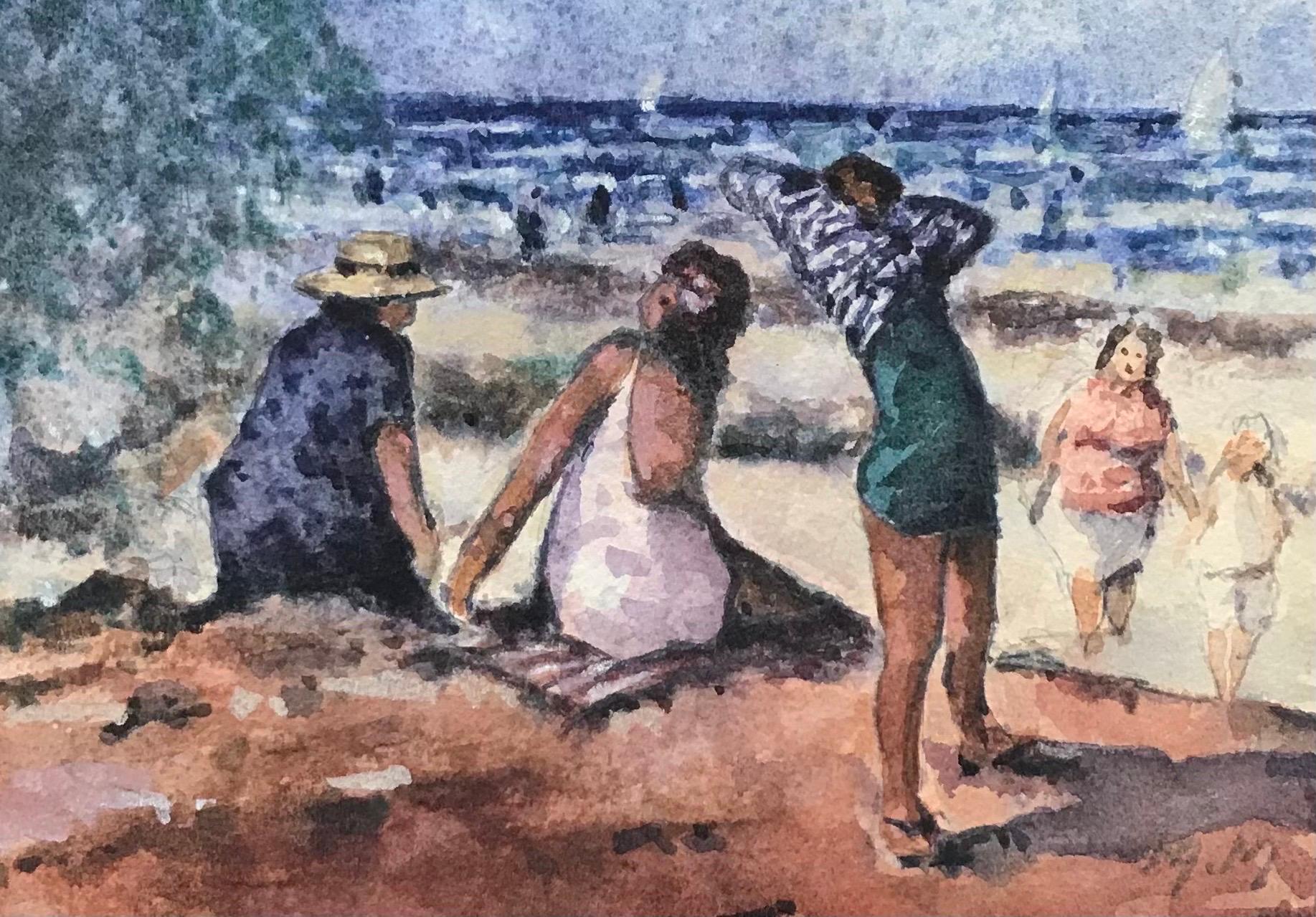 MAURICE MAZEILIE-FRENCH IMPRESSIONIST Watercolour -Sunbathing Scene At The Beach - Painting by Maurice Mazeilie