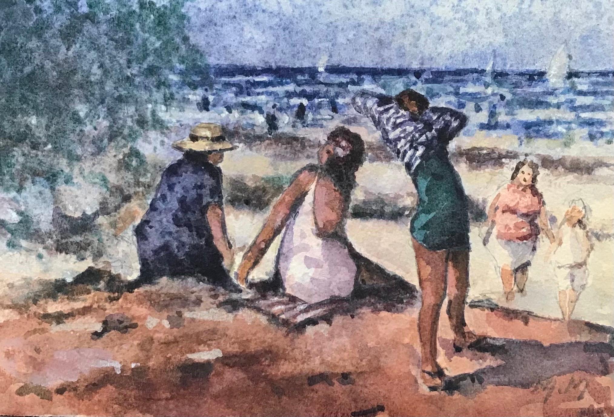 Maurice Mazeilie Landscape Painting - MAURICE MAZEILIE-FRENCH IMPRESSIONIST Watercolour -Sunbathing Scene At The Beach