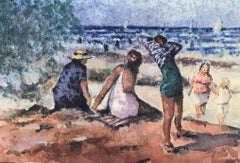 MAURICE MAZEILIE-FRENCH IMPRESSIONIST Watercolour -Sunbathing Scene At The Beach