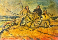 Vintage Maurice Mazeilie - French Oil Landscape - Three Figures Turning A Wheel 