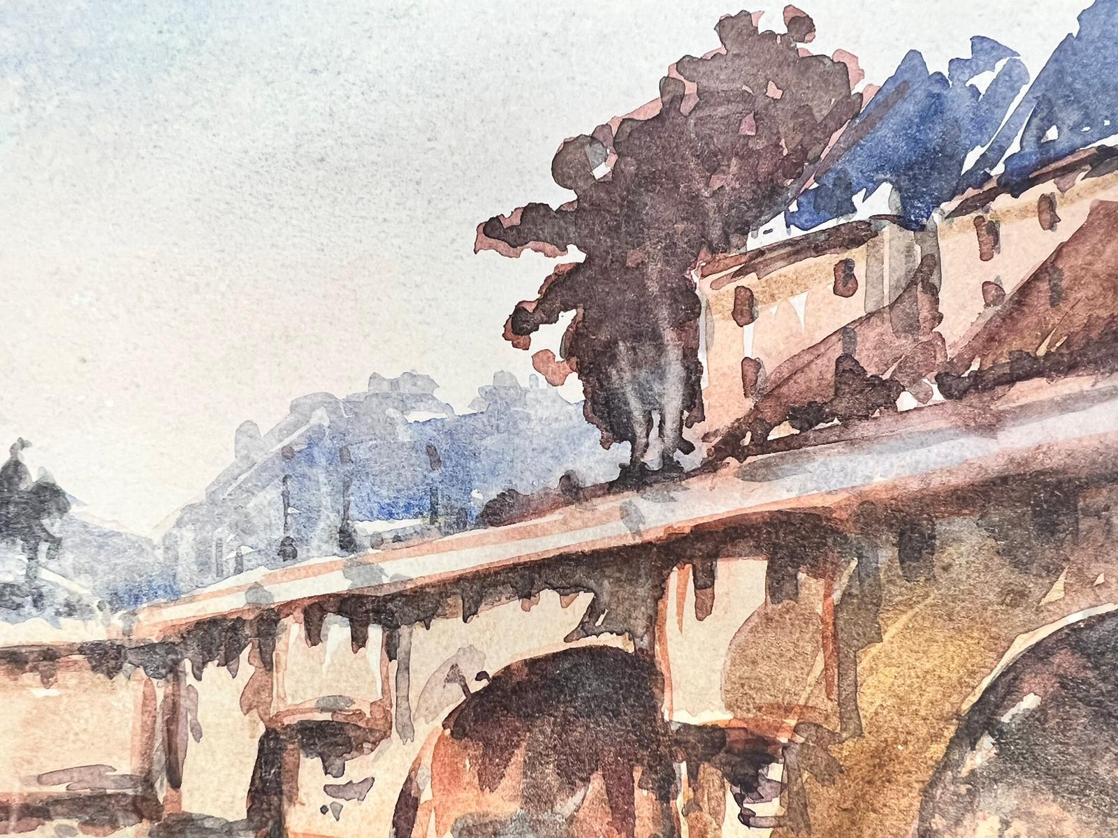 MAURICE MAZEILIE-Acquarello francese - Ponte parigino autunnale sulla Senna - Figurative Painting Beige di Maurice Mazeilie